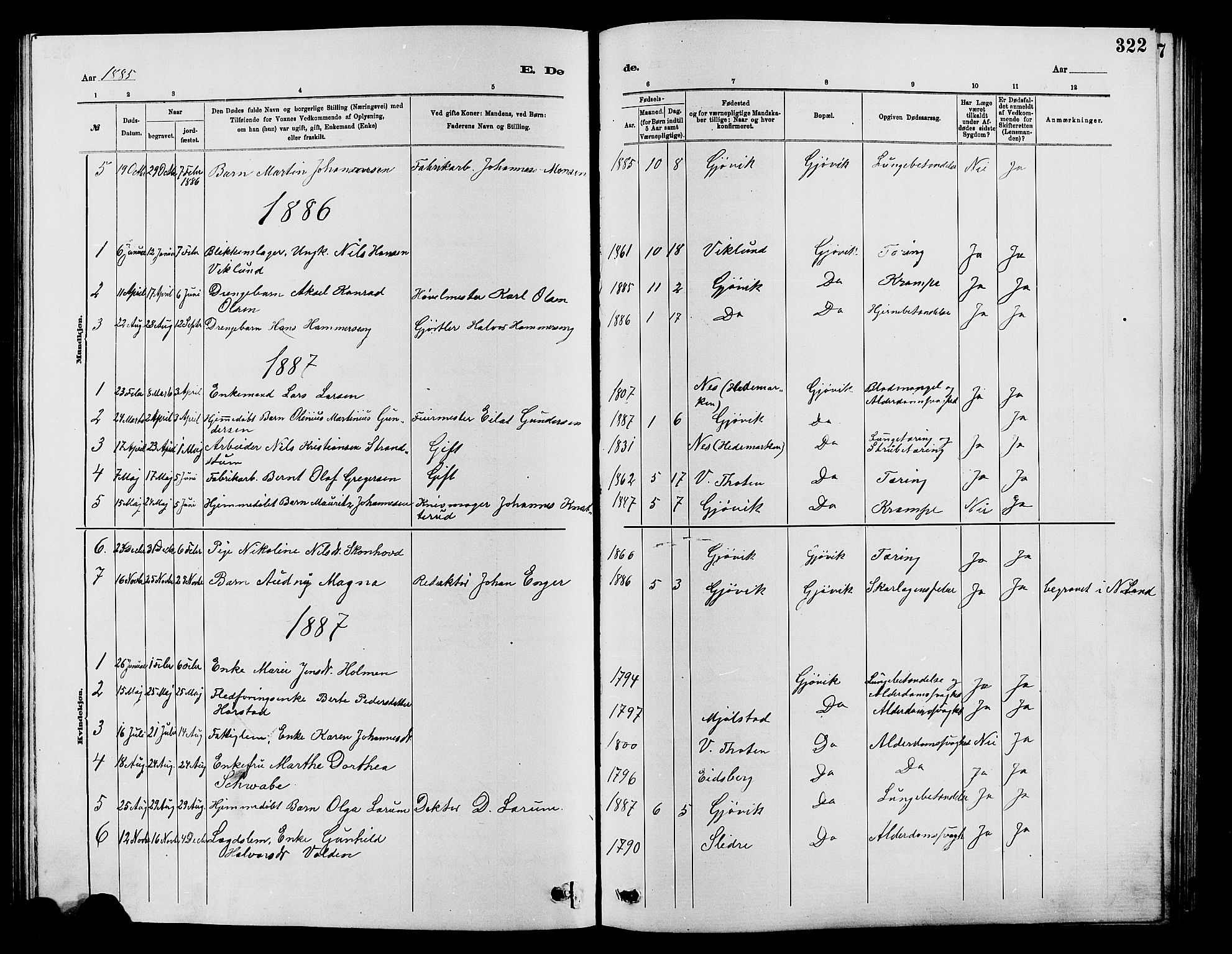 Vardal prestekontor, AV/SAH-PREST-100/H/Ha/Hab/L0007: Parish register (copy) no. 7 /2, 1881-1895, p. 322