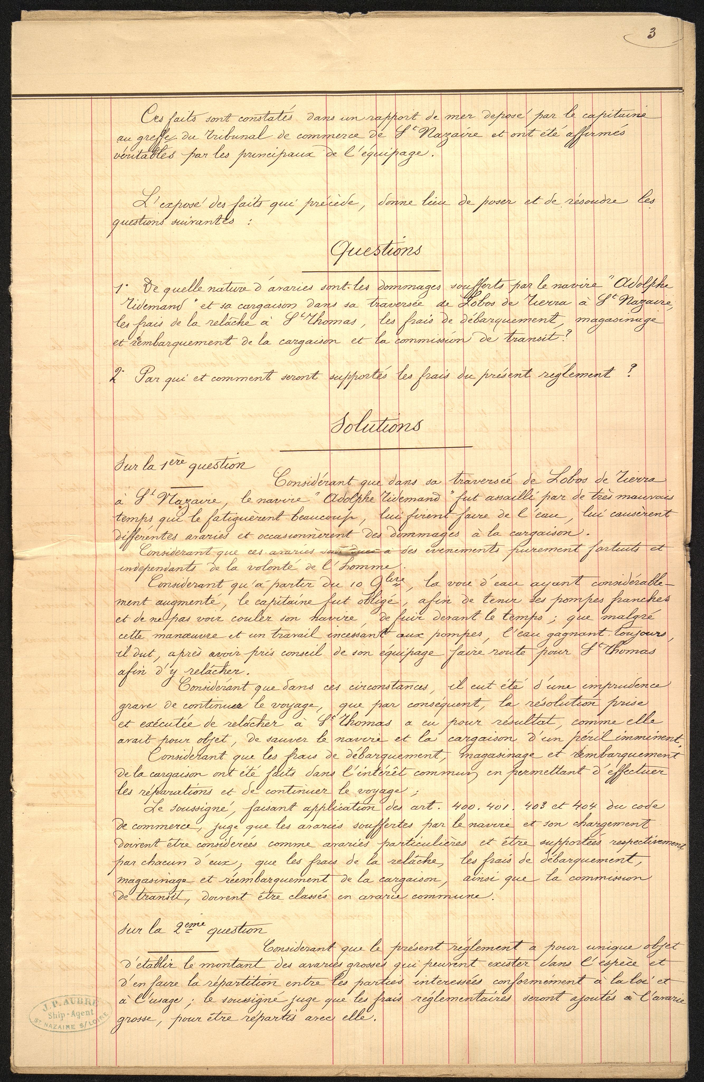 Pa 63 - Østlandske skibsassuranceforening, VEMU/A-1079/G/Ga/L0008/0026: Havaridokumenter / Adolf Tidemand, 1876
