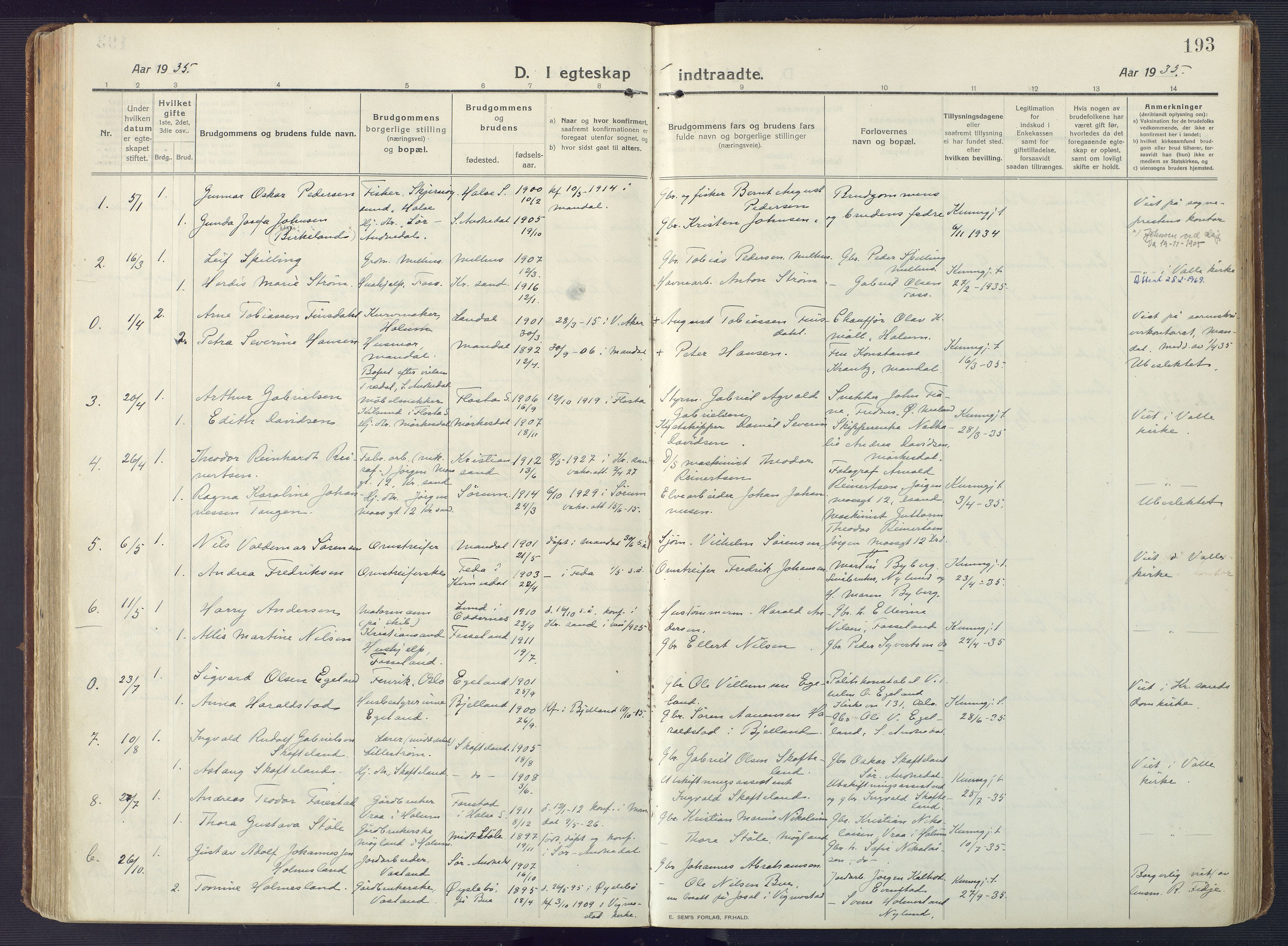 Sør-Audnedal sokneprestkontor, AV/SAK-1111-0039/F/Fa/Fab/L0011: Parish register (official) no. A 11, 1912-1938, p. 193