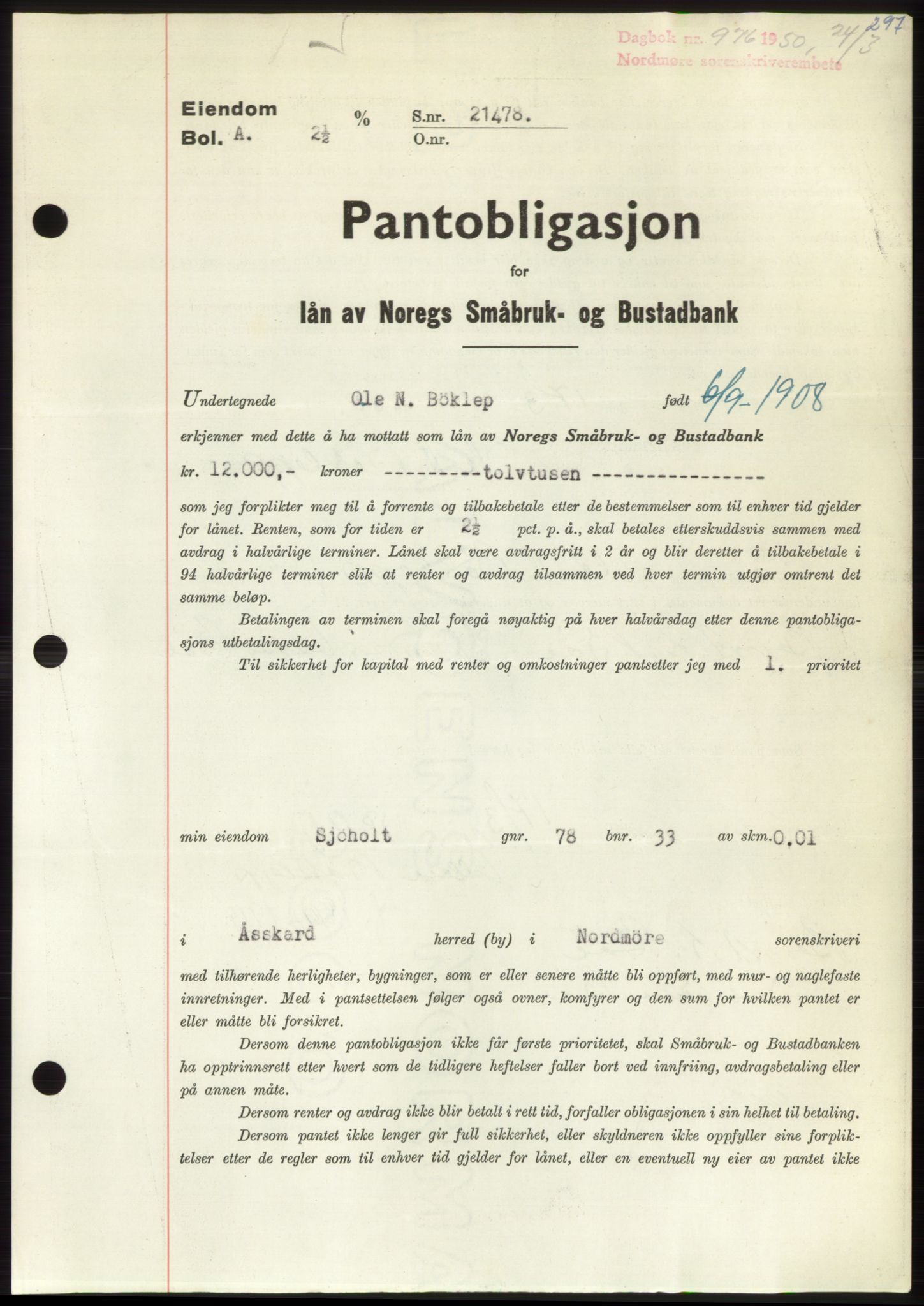 Nordmøre sorenskriveri, AV/SAT-A-4132/1/2/2Ca: Mortgage book no. B104, 1950-1950, Diary no: : 976/1950