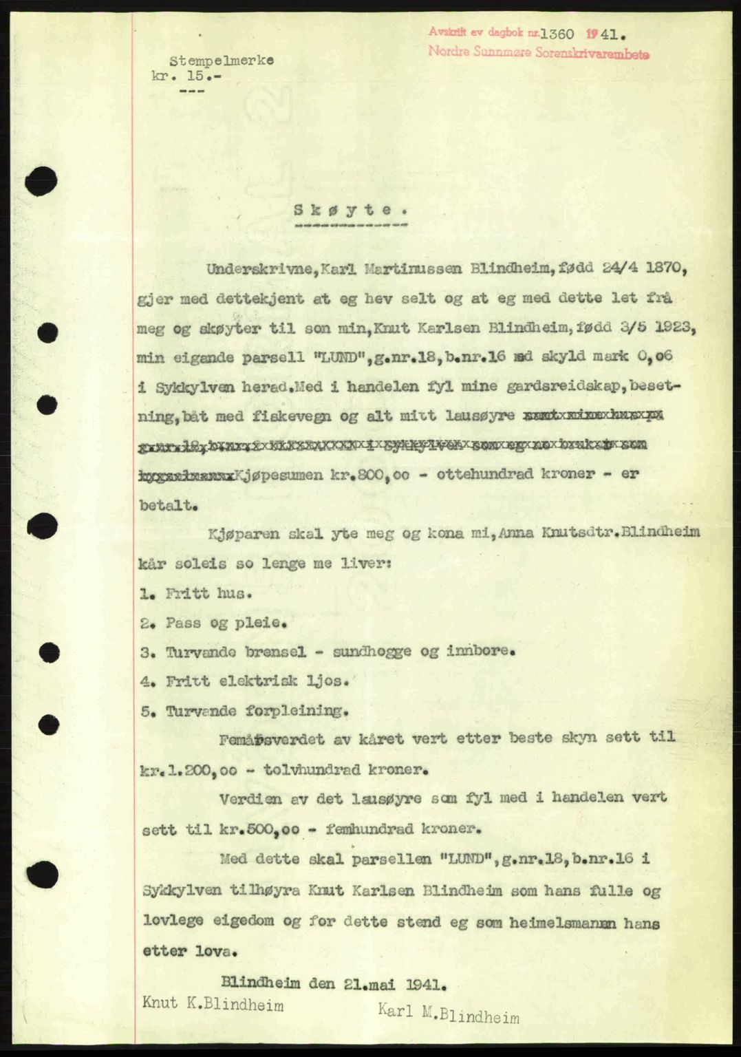 Nordre Sunnmøre sorenskriveri, AV/SAT-A-0006/1/2/2C/2Ca: Mortgage book no. A11, 1941-1941, Diary no: : 1360/1941