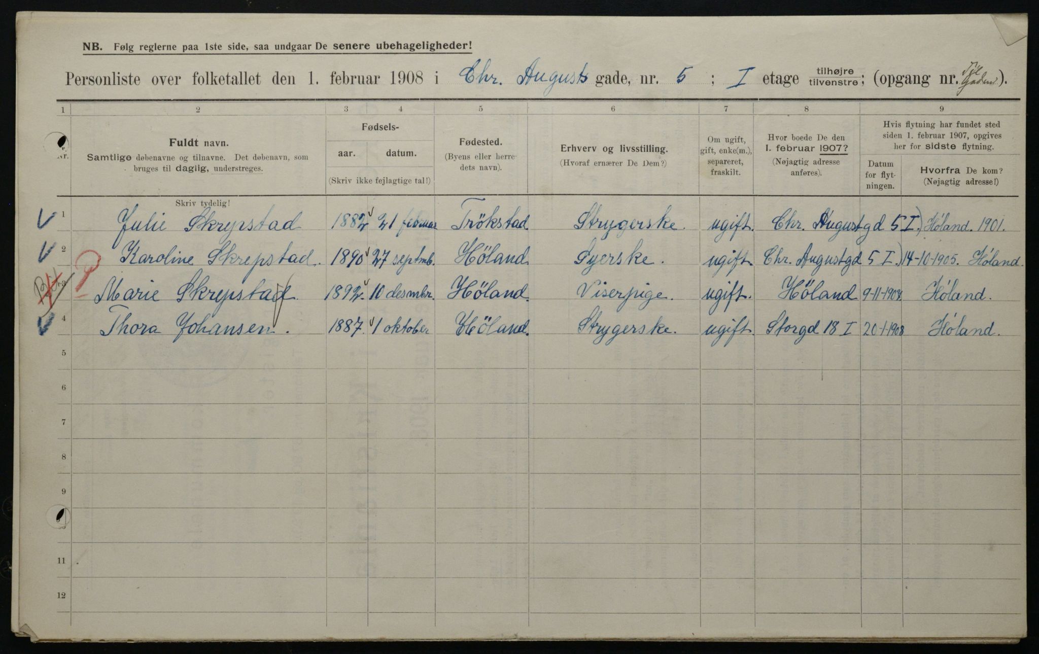 OBA, Municipal Census 1908 for Kristiania, 1908, p. 48300