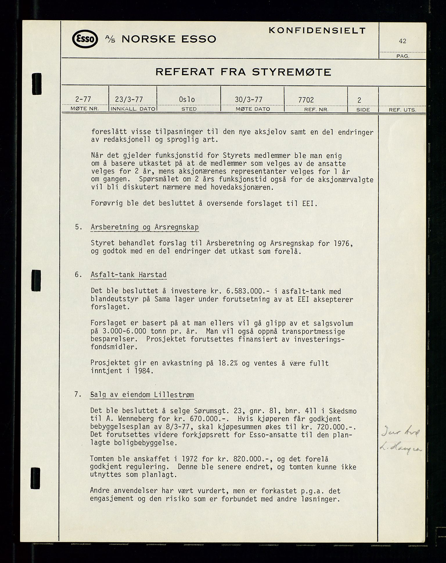 Pa 0982 - Esso Norge A/S, SAST/A-100448/A/Aa/L0003/0003: Den administrerende direksjon Board minutes (styrereferater) og Bedriftforsamlingsprotokoll / Den administrerende direksjon Board minutes (styrereferater), 1975-1985, p. 42