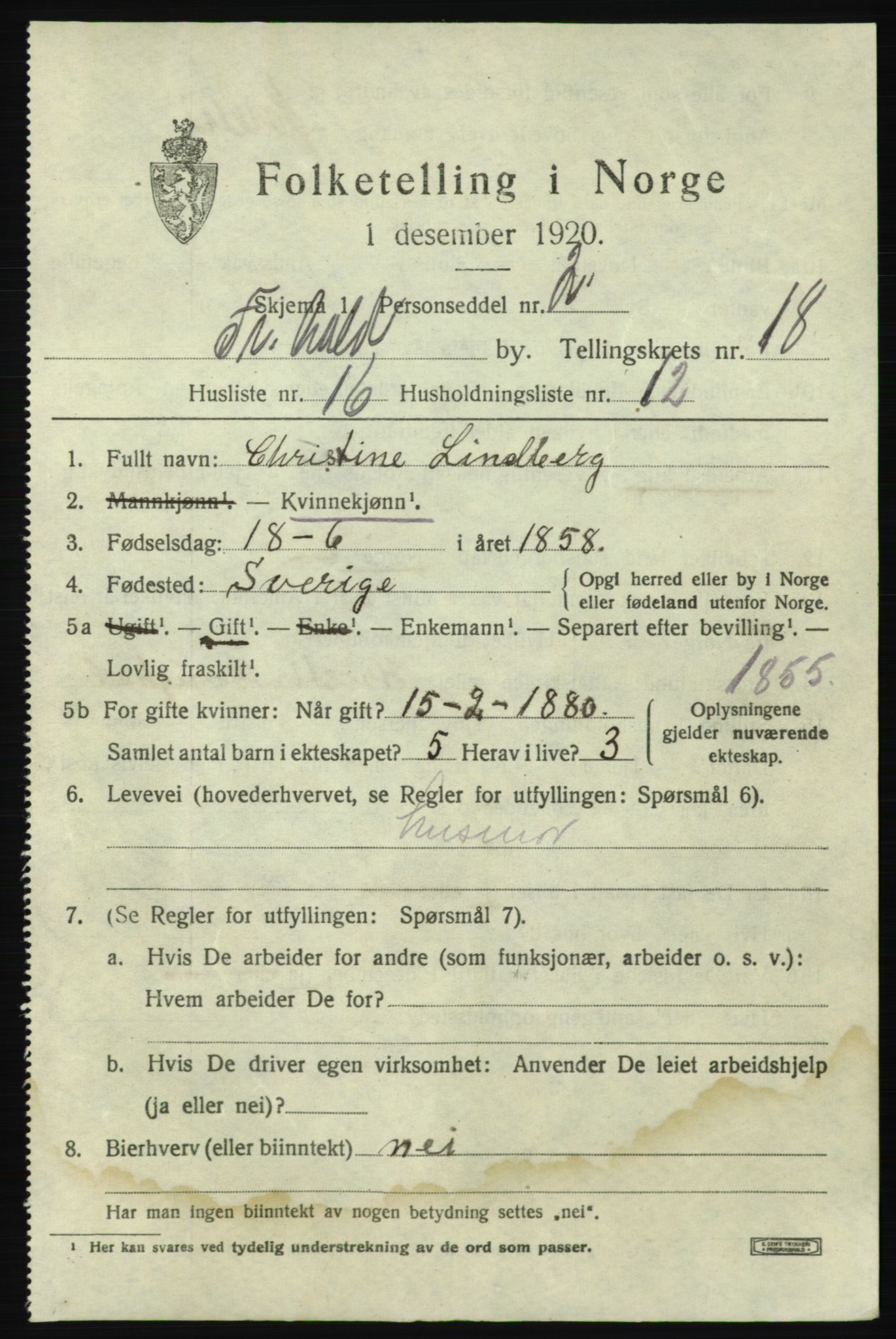 SAO, 1920 census for Fredrikshald, 1920, p. 27519