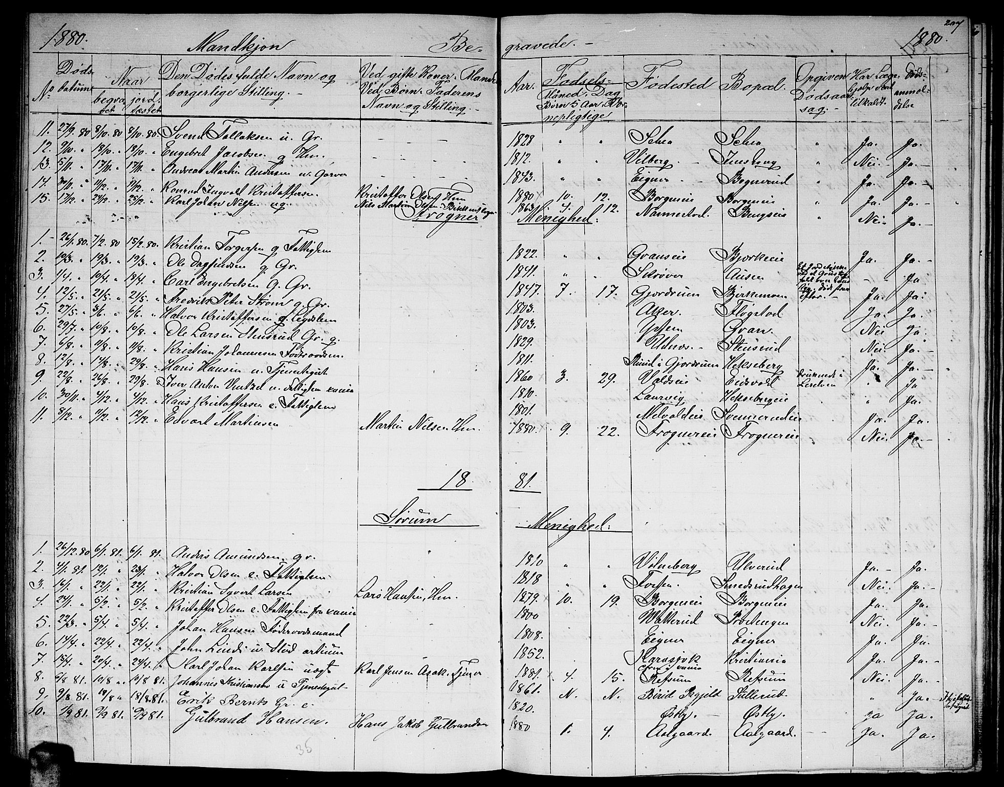 Sørum prestekontor Kirkebøker, SAO/A-10303/G/Ga/L0004: Parish register (copy) no. I 4, 1864-1885, p. 207