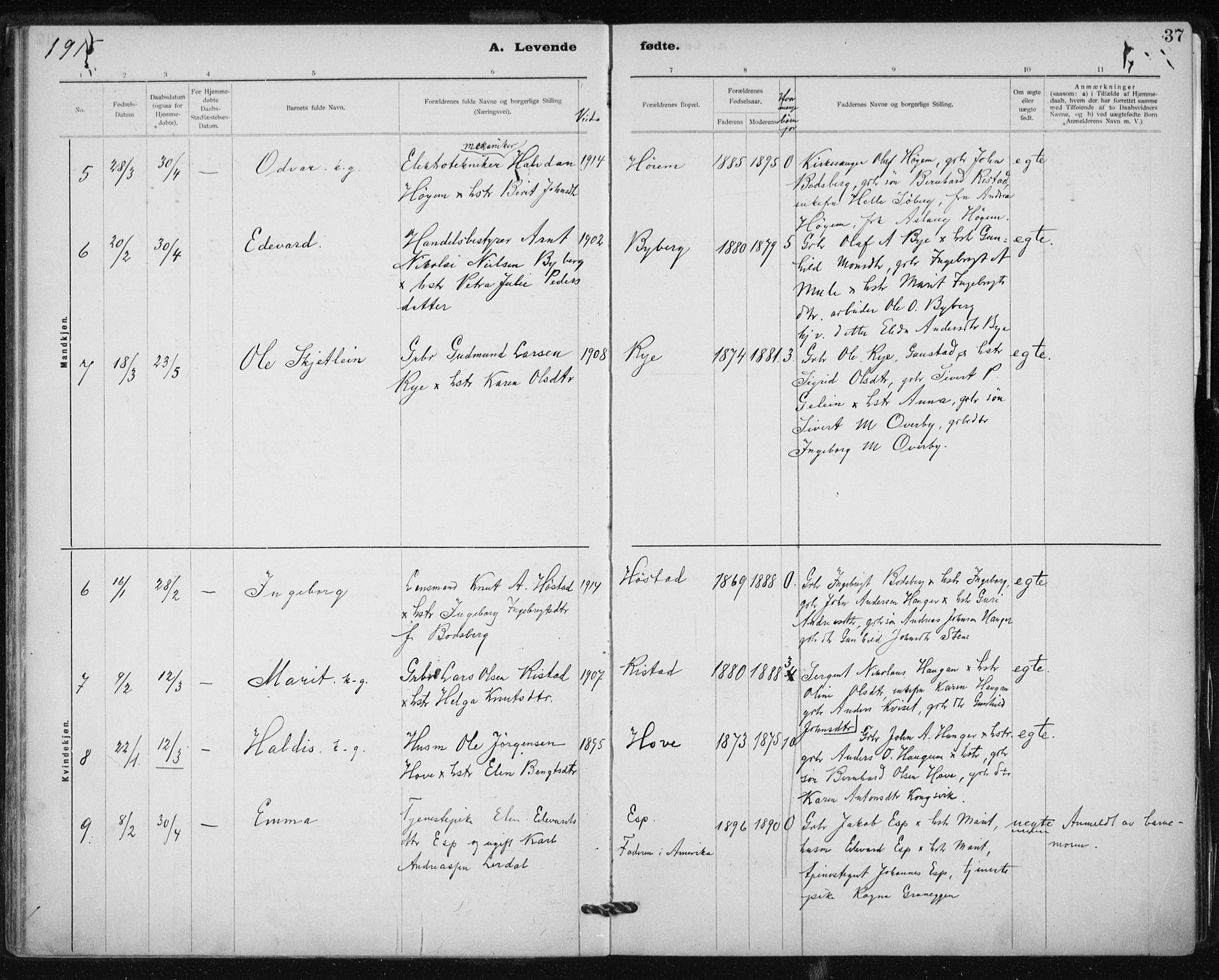 Ministerialprotokoller, klokkerbøker og fødselsregistre - Sør-Trøndelag, SAT/A-1456/612/L0381: Parish register (official) no. 612A13, 1907-1923, p. 37
