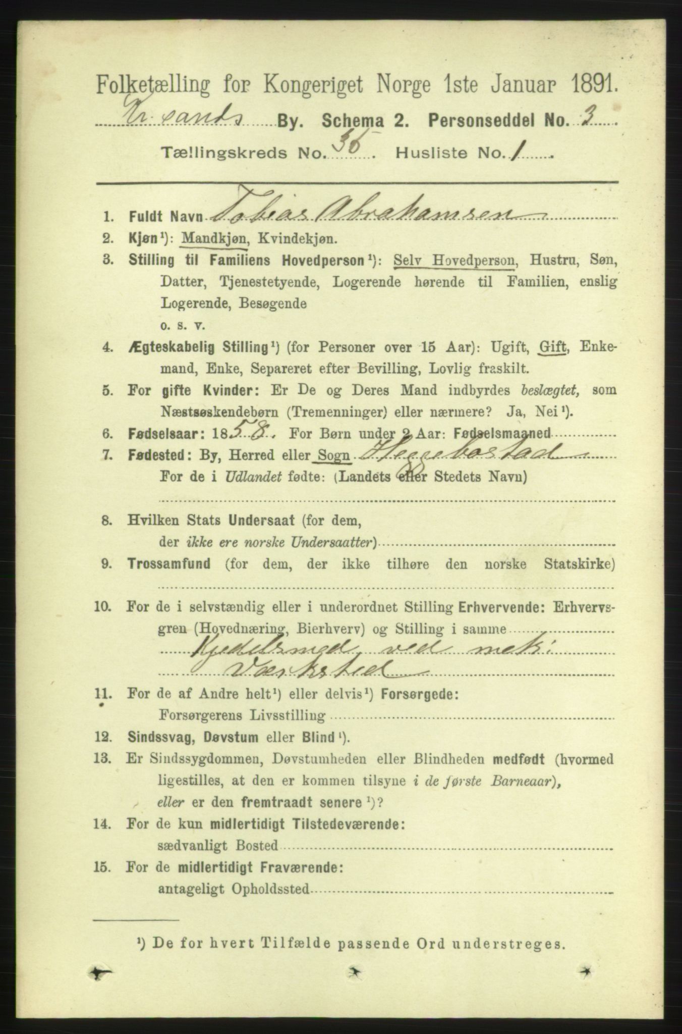 RA, 1891 census for 1001 Kristiansand, 1891, p. 11014