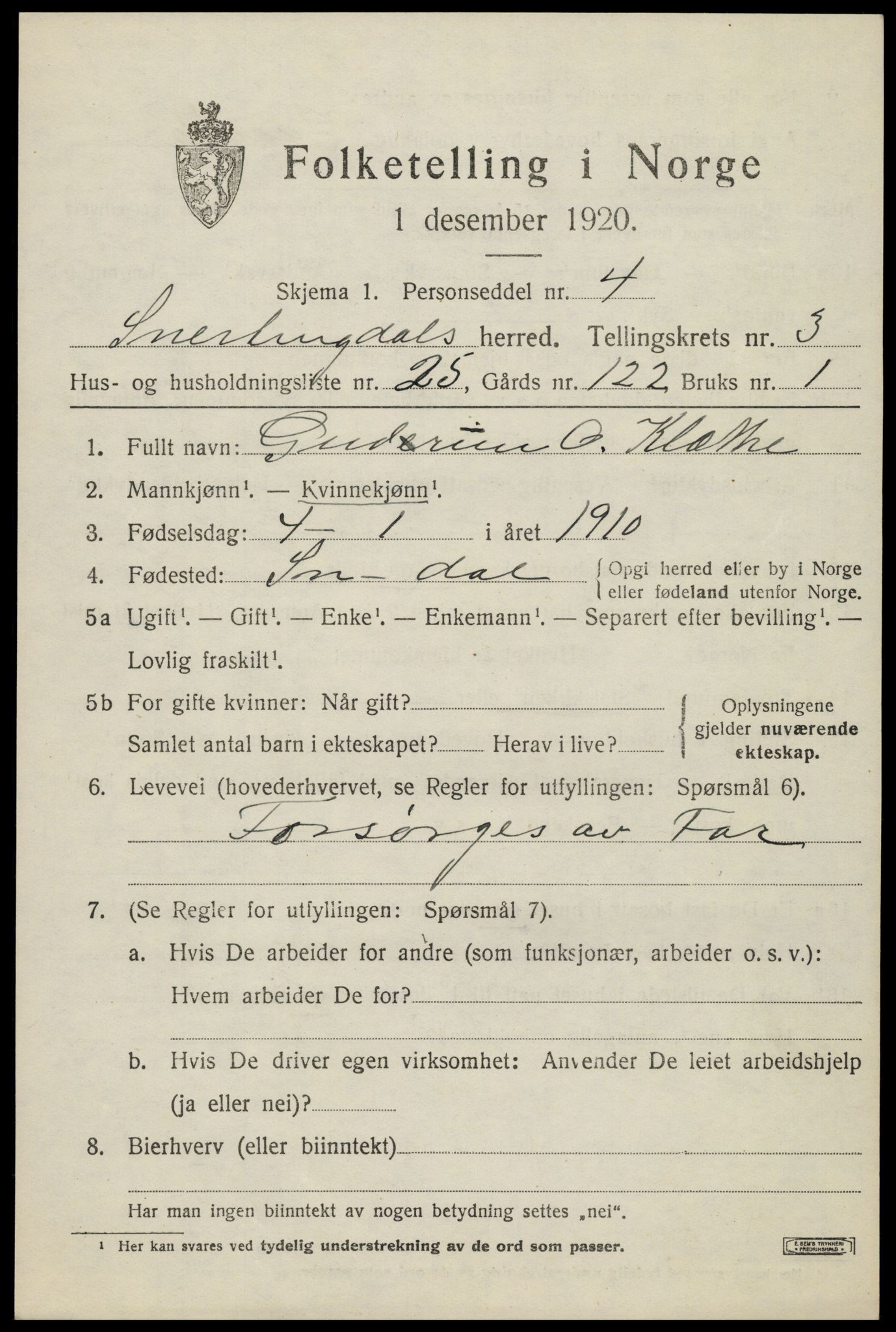 SAH, 1920 census for Snertingdal, 1920, p. 2935