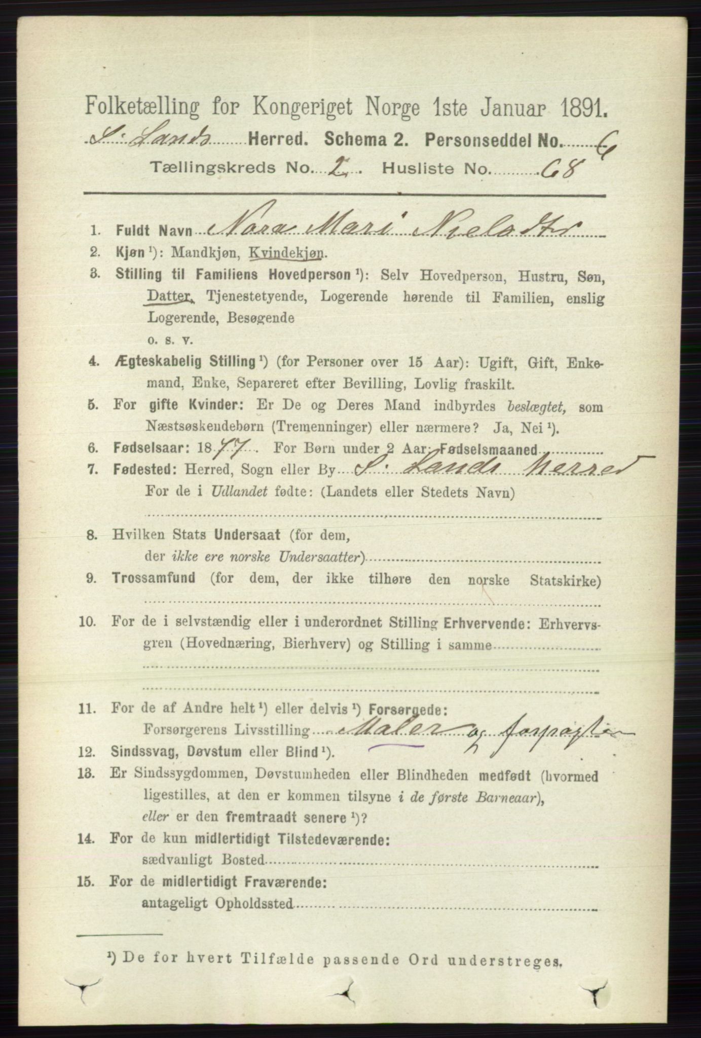 RA, 1891 census for 0536 Søndre Land, 1891, p. 1458