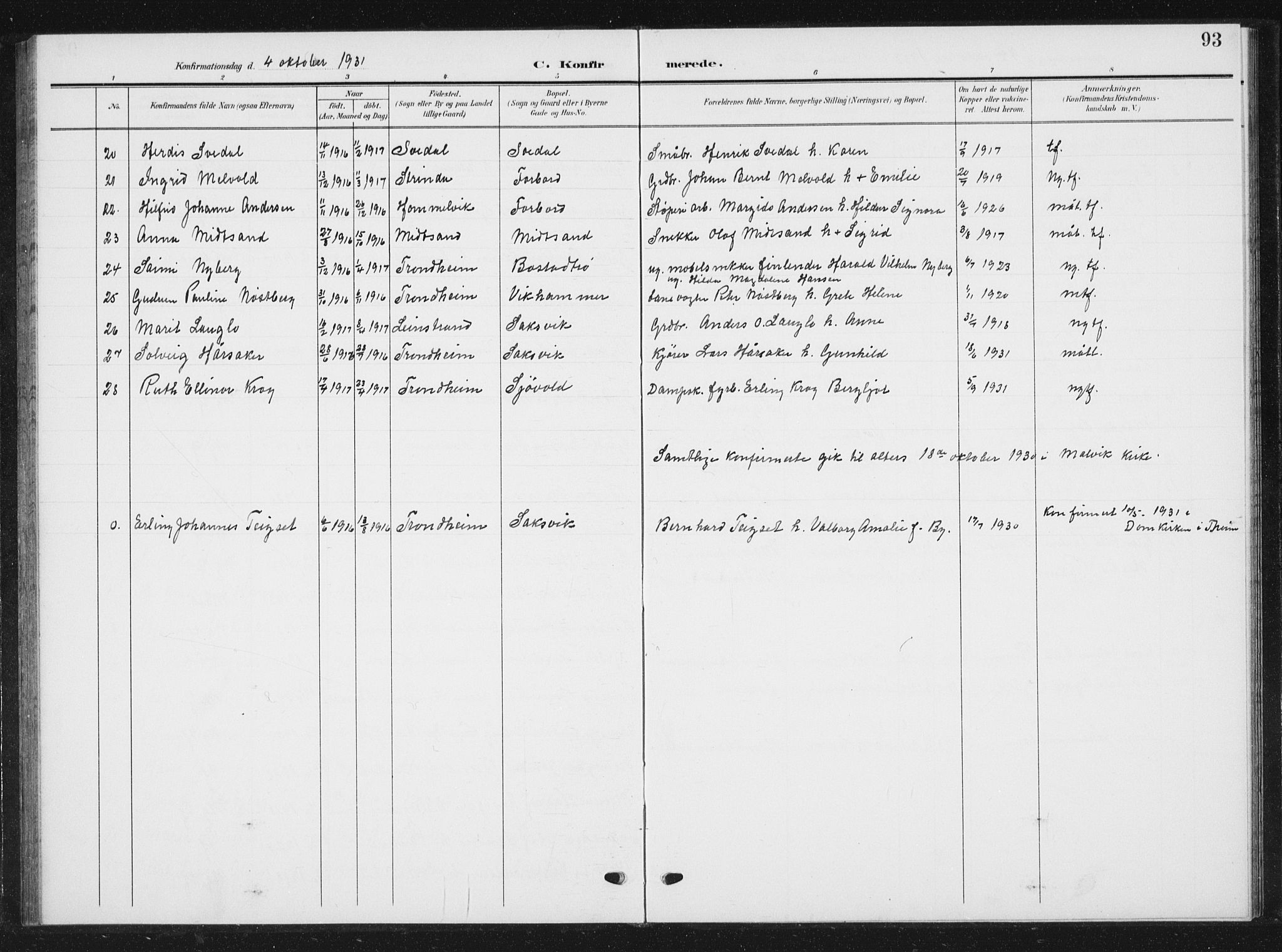 Ministerialprotokoller, klokkerbøker og fødselsregistre - Sør-Trøndelag, AV/SAT-A-1456/616/L0424: Parish register (copy) no. 616C07, 1904-1940, p. 93