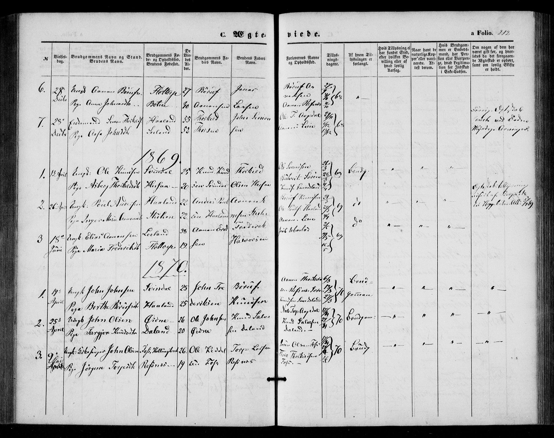 Bjelland sokneprestkontor, AV/SAK-1111-0005/F/Fa/Fac/L0002: Parish register (official) no. A 2, 1866-1887, p. 212