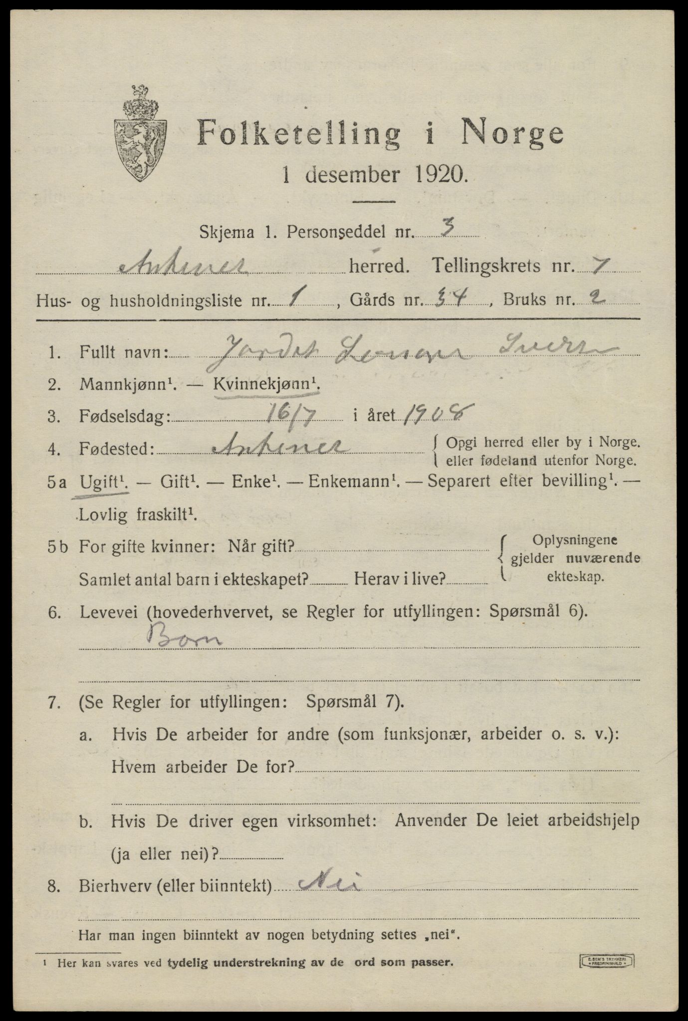 SAT, 1920 census for Ankenes, 1920, p. 3703