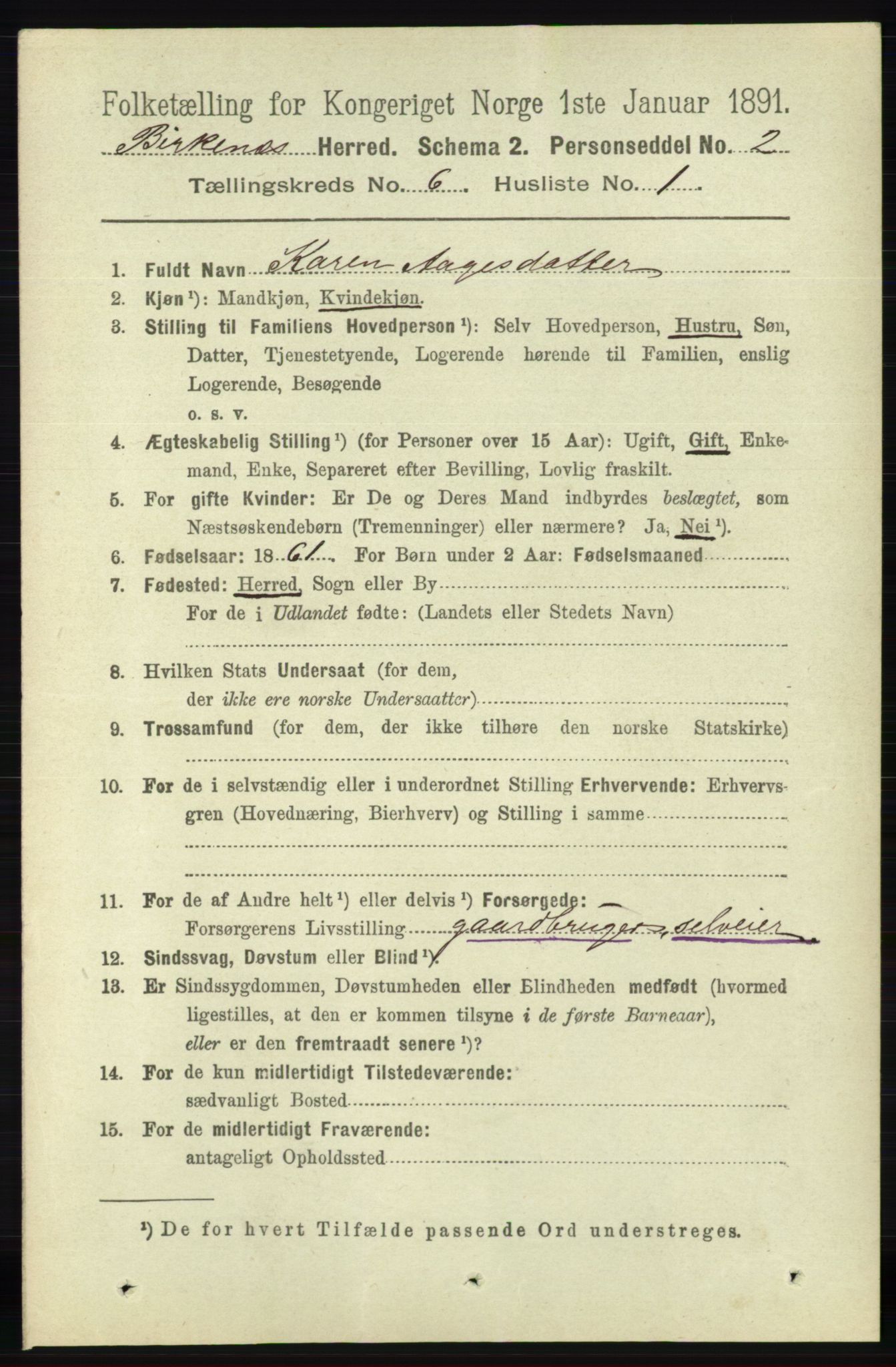 RA, 1891 Census for 0928 Birkenes, 1891, p. 1797