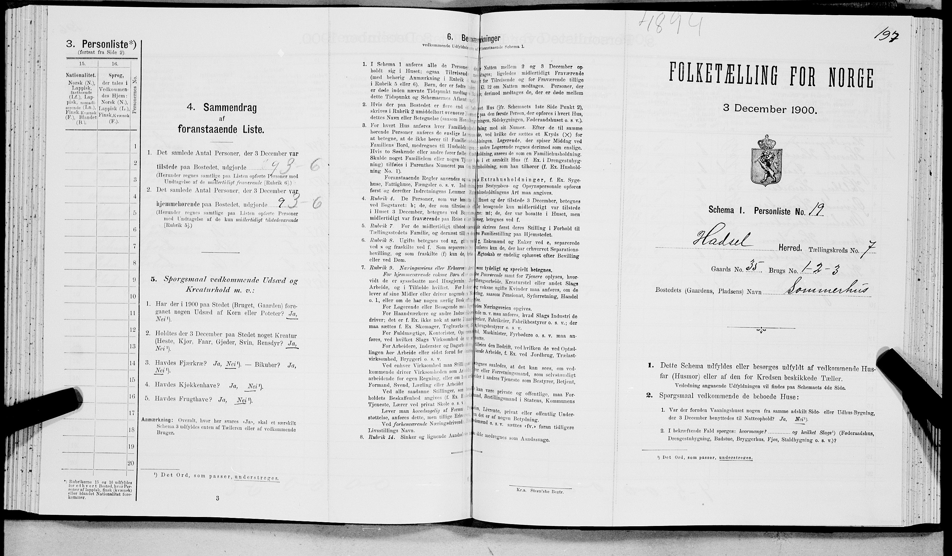 SAT, 1900 census for Hadsel, 1900, p. 662