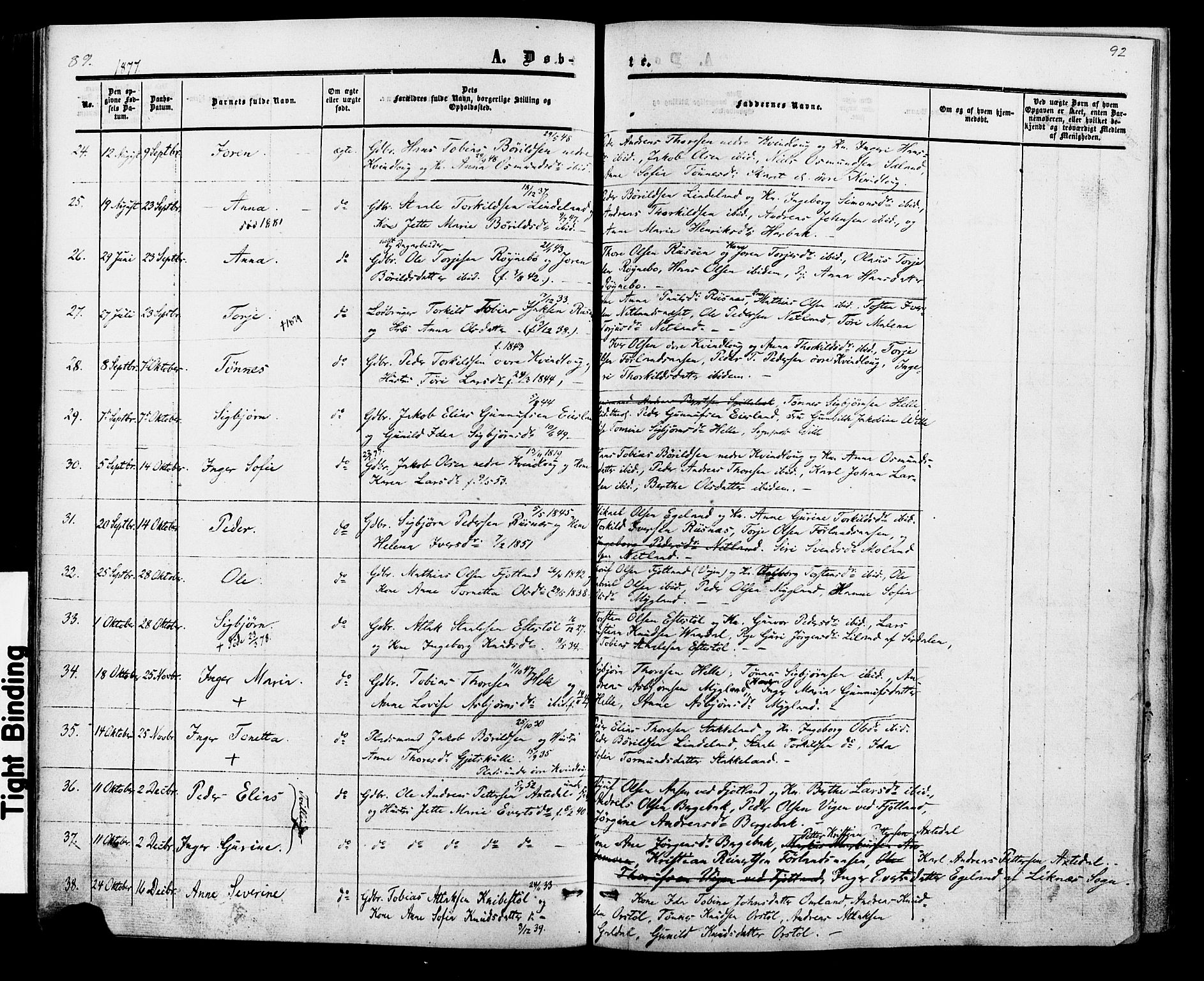 Fjotland sokneprestkontor, AV/SAK-1111-0010/F/Fa/L0001: Parish register (official) no. A 1, 1850-1879, p. 92