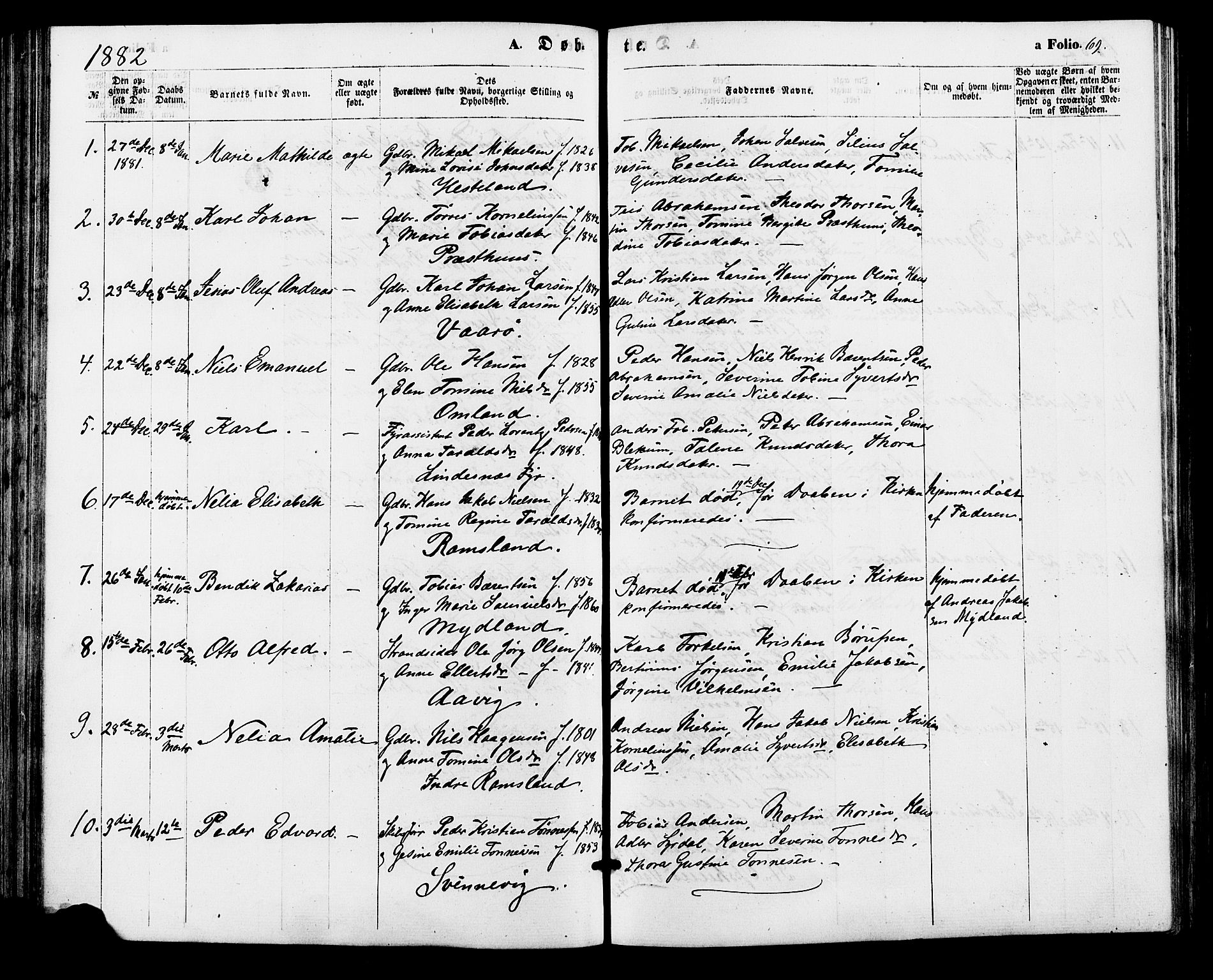 Sør-Audnedal sokneprestkontor, AV/SAK-1111-0039/F/Fa/Faa/L0003: Parish register (official) no. A 3, 1868-1883, p. 69