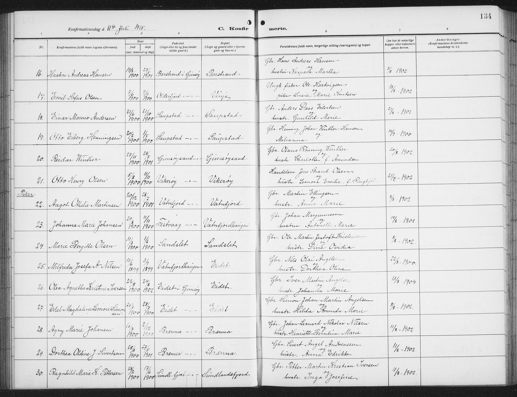 Ministerialprotokoller, klokkerbøker og fødselsregistre - Nordland, AV/SAT-A-1459/876/L1106: Parish register (copy) no. 876C05, 1915-1942, p. 134