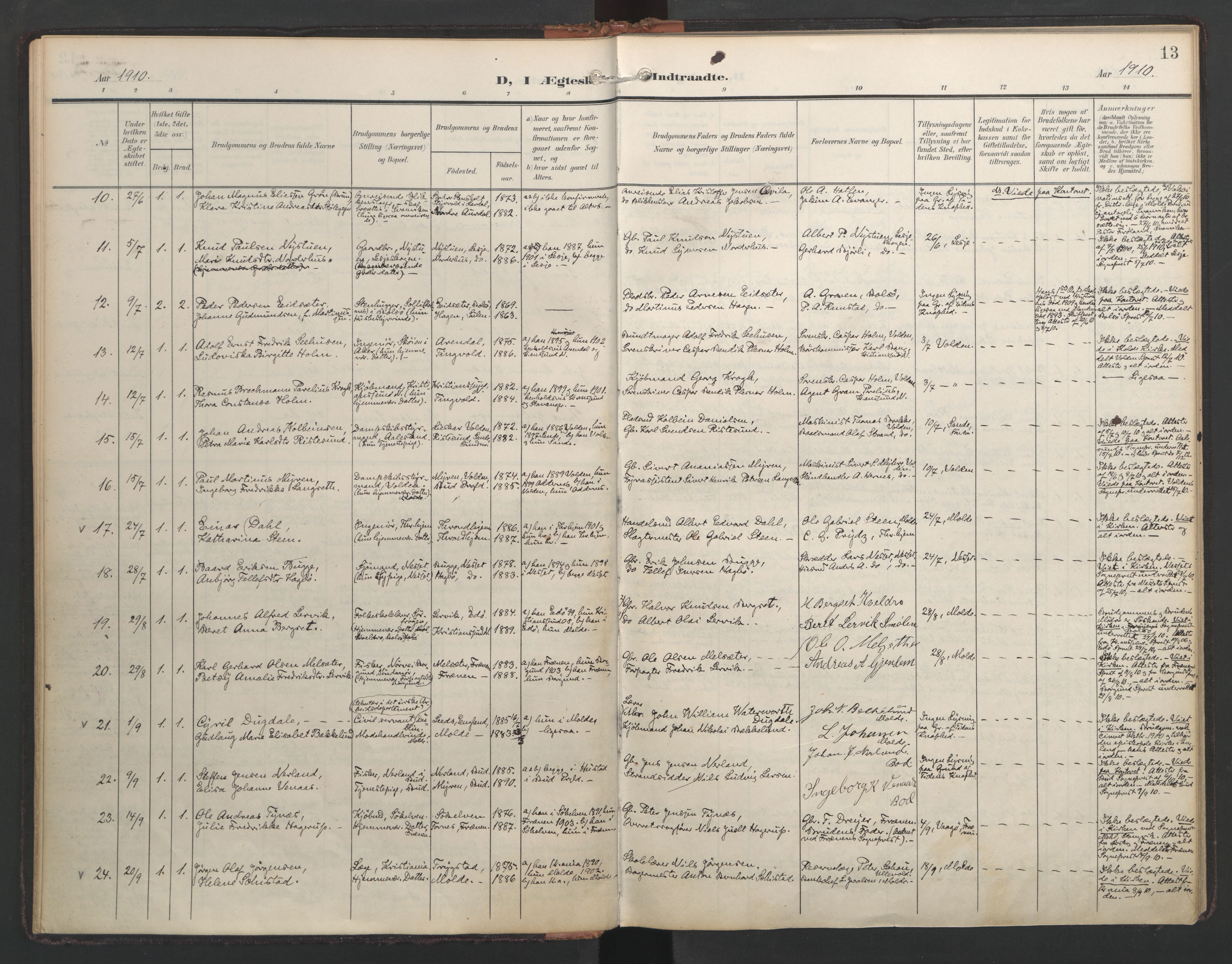 Ministerialprotokoller, klokkerbøker og fødselsregistre - Møre og Romsdal, AV/SAT-A-1454/558/L0694: Parish register (official) no. 558A08, 1907-1922, p. 13