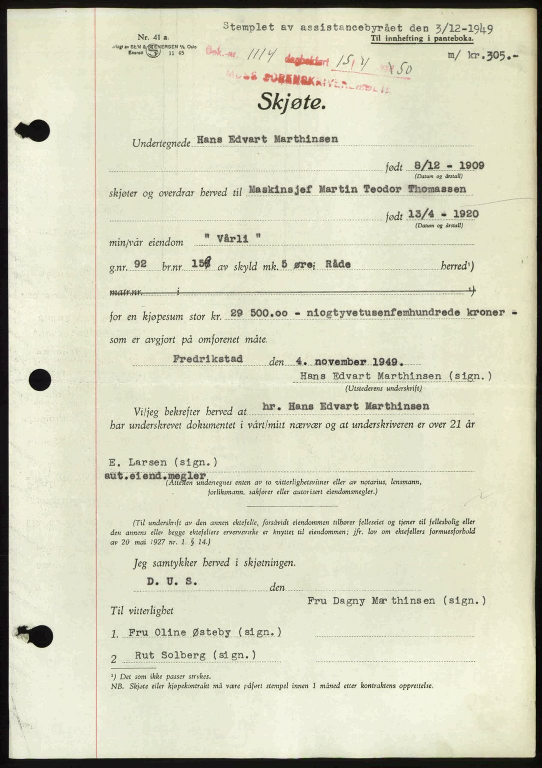 Moss sorenskriveri, SAO/A-10168: Mortgage book no. A25, 1950-1950, Diary no: : 1114/1950