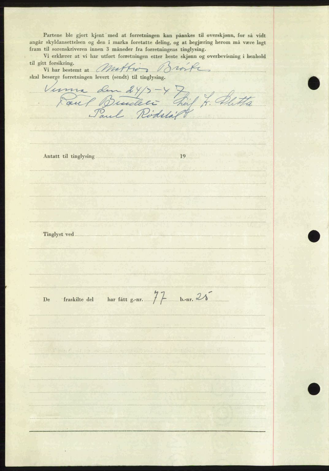 Romsdal sorenskriveri, AV/SAT-A-4149/1/2/2C: Mortgage book no. A23, 1947-1947, Diary no: : 2047/1947