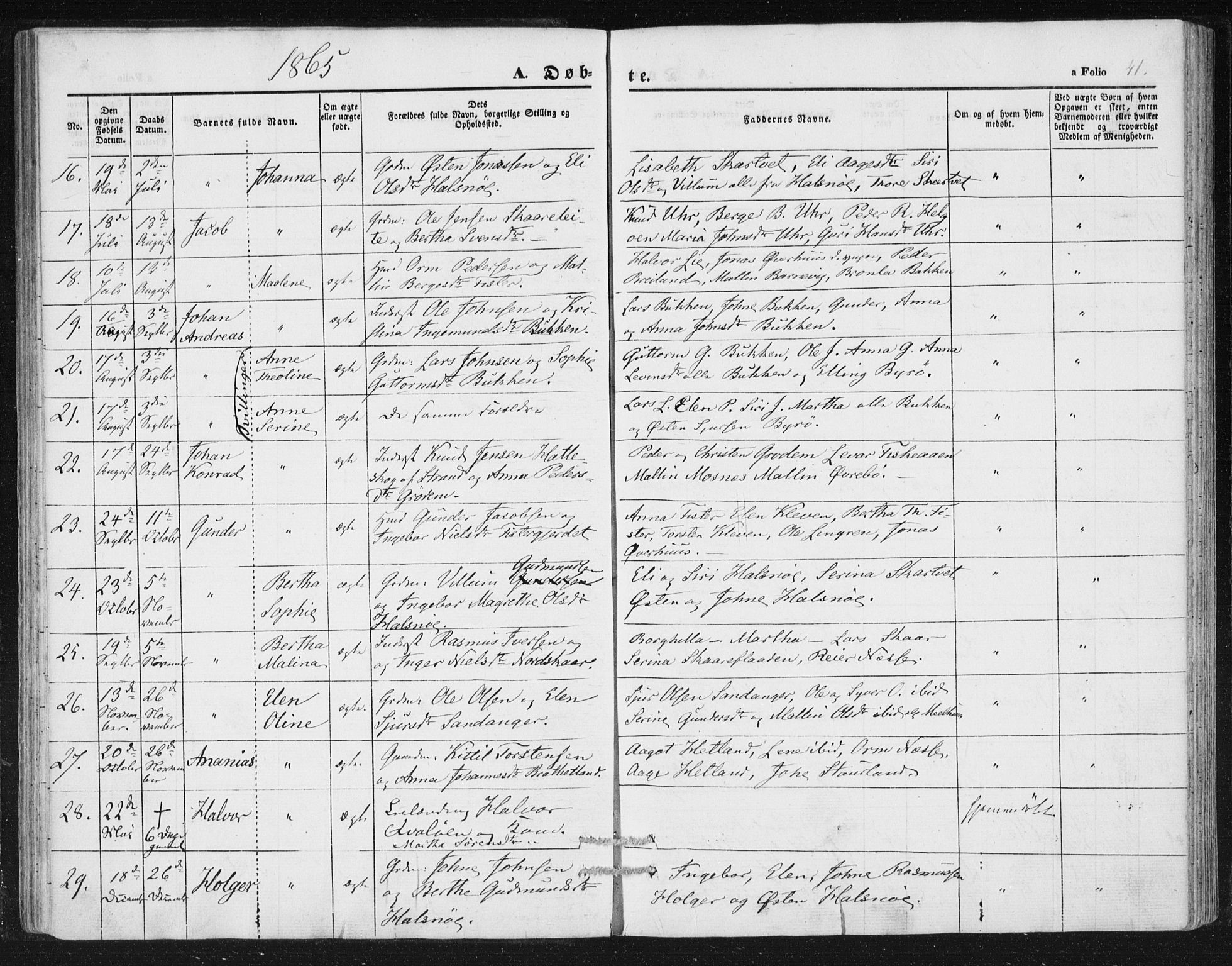 Hjelmeland sokneprestkontor, AV/SAST-A-101843/01/IV/L0010: Parish register (official) no. A 10, 1851-1871, p. 41