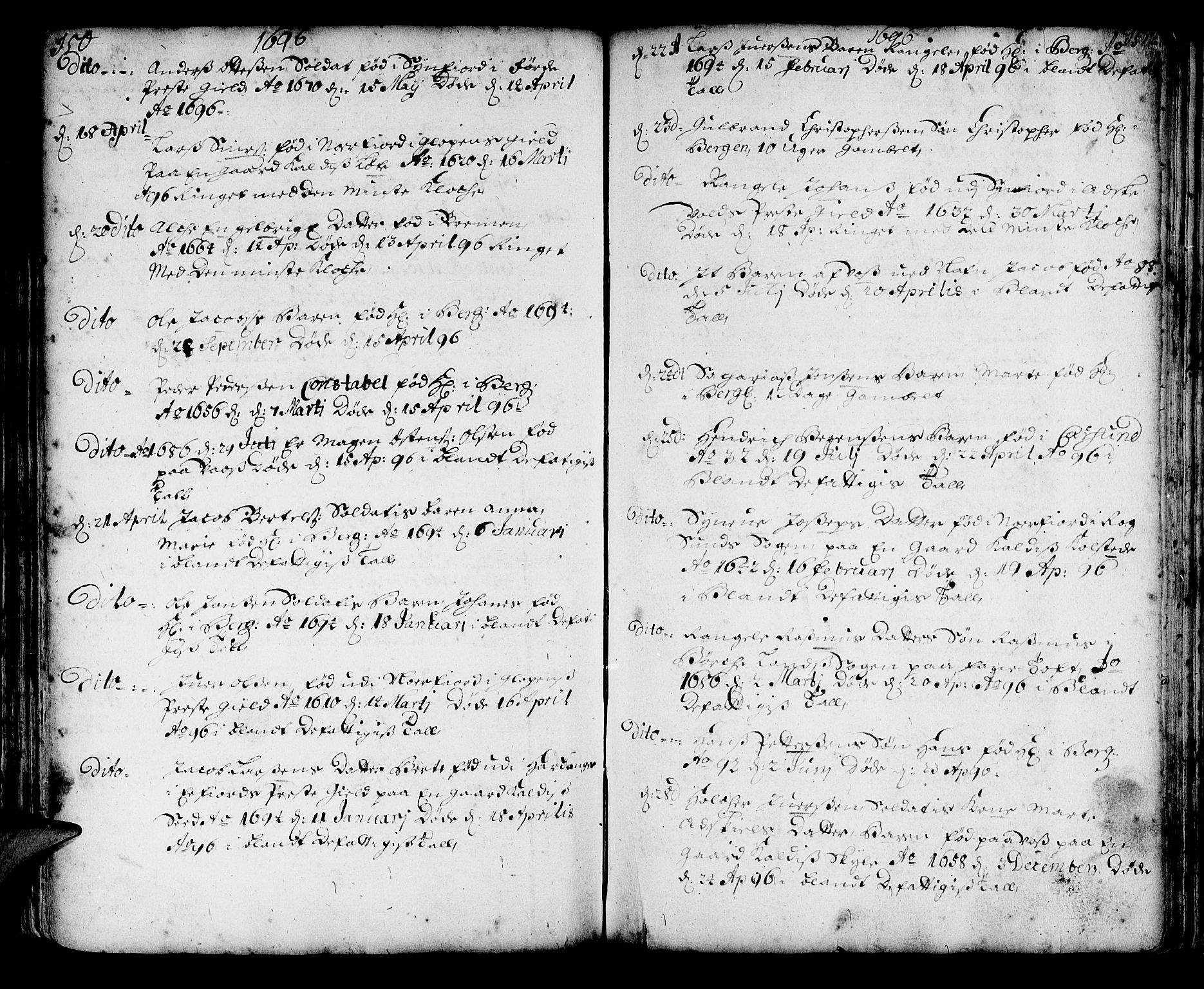 Korskirken sokneprestembete, AV/SAB-A-76101/H/Haa/L0010: Parish register (official) no. A 10, 1688-1703, p. 150-151