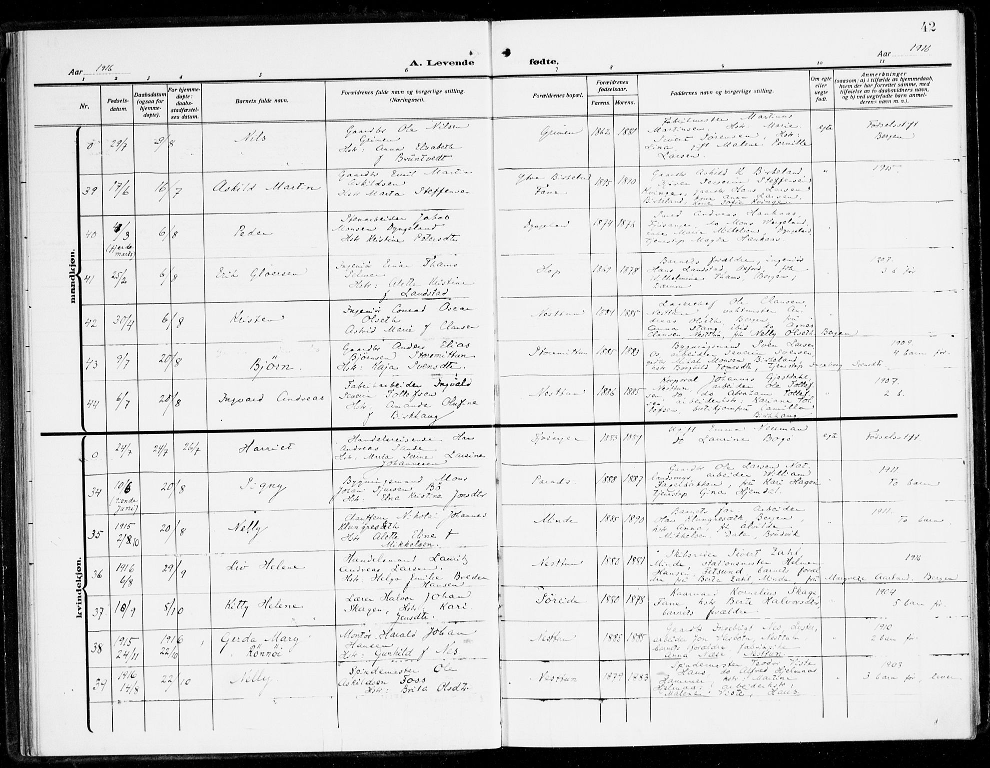 Fana Sokneprestembete, AV/SAB-A-75101/H/Haa/Haai/L0004: Parish register (official) no. I 4, 1912-1933, p. 42