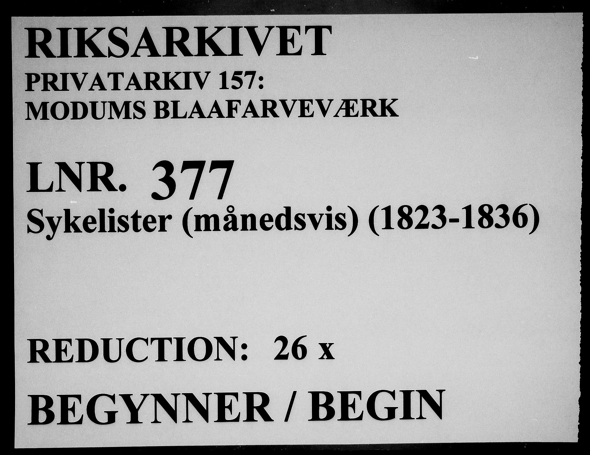 Modums Blaafarveværk, RA/PA-0157/G/Gh/L0377/0001: -- / Sykelister.  Liste over de ved MBV i Slutningen af ..... værende Syge. Ført månedsvis, 1823-1836, p. 1