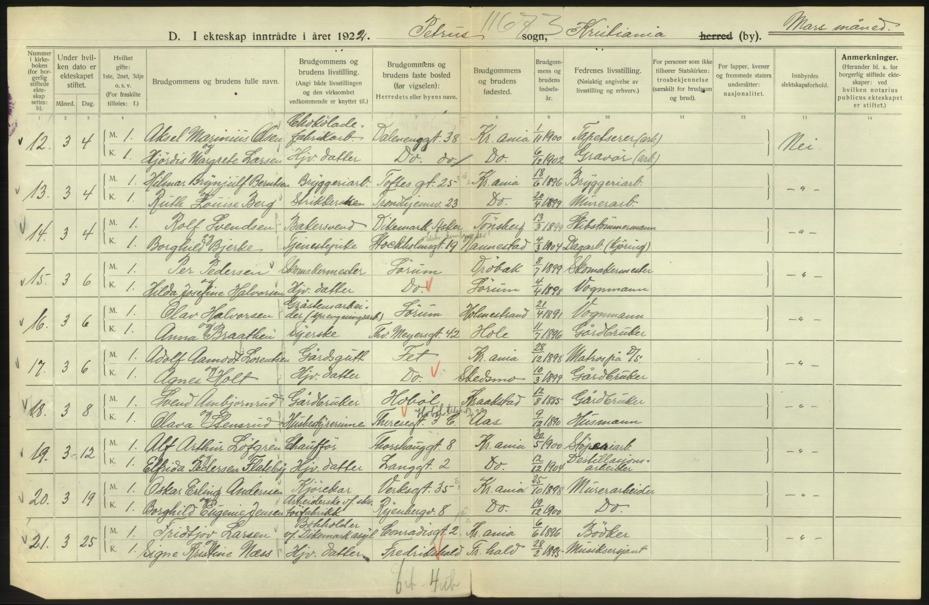 Statistisk sentralbyrå, Sosiodemografiske emner, Befolkning, AV/RA-S-2228/D/Df/Dfc/Dfcb/L0008: Kristiania: Gifte, 1922, p. 14