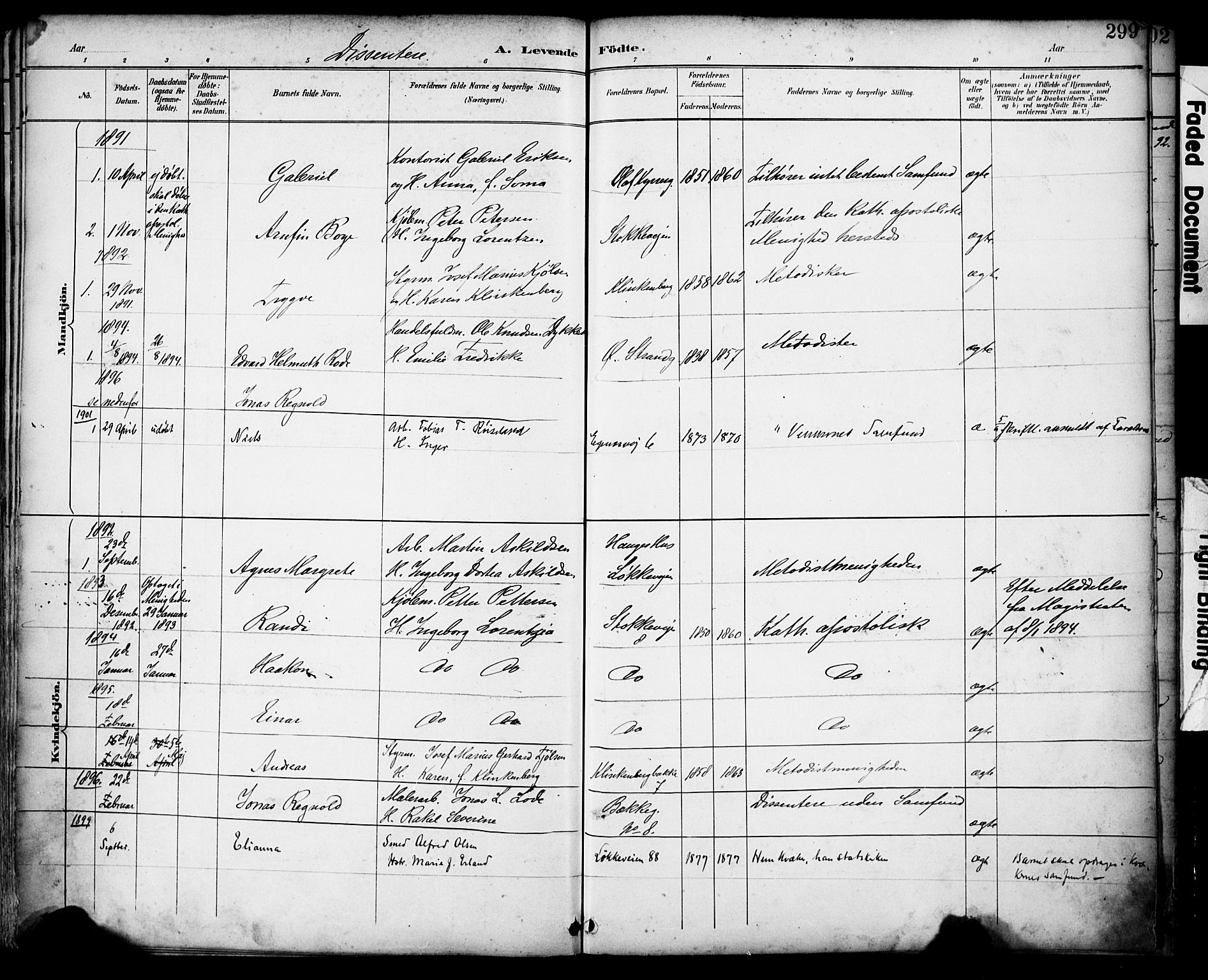 Domkirken sokneprestkontor, SAST/A-101812/001/30/30BA/L0030: Parish register (official) no. A 29, 1889-1902, p. 299