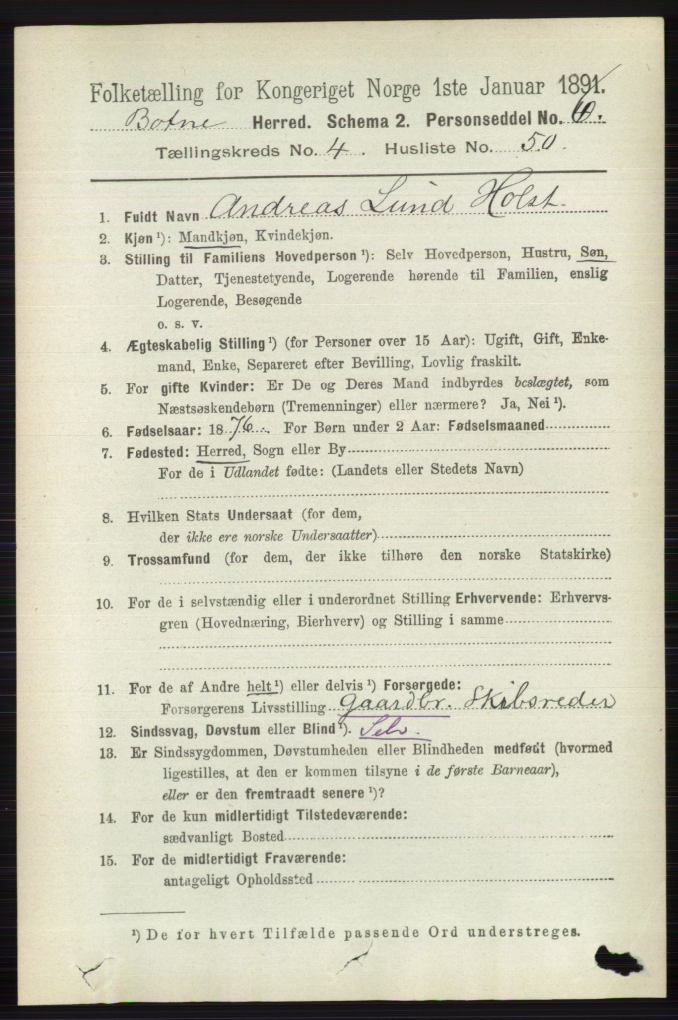 RA, 1891 census for 0715 Botne, 1891, p. 1892