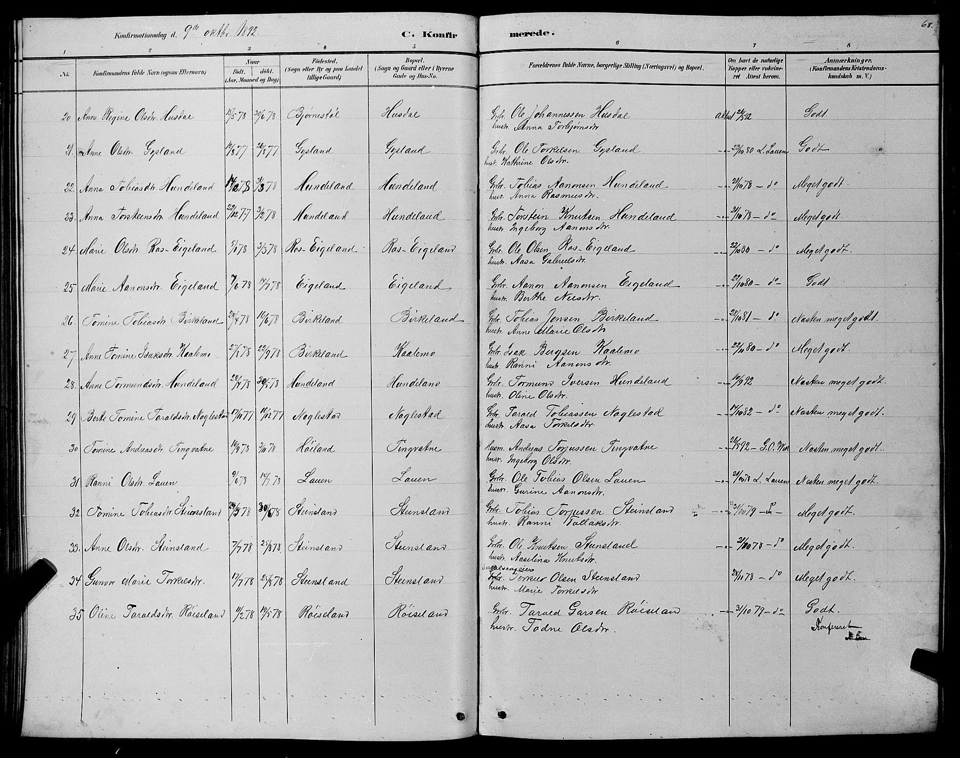 Hægebostad sokneprestkontor, AV/SAK-1111-0024/F/Fb/Fba/L0003: Parish register (copy) no. B 3, 1883-1896, p. 68