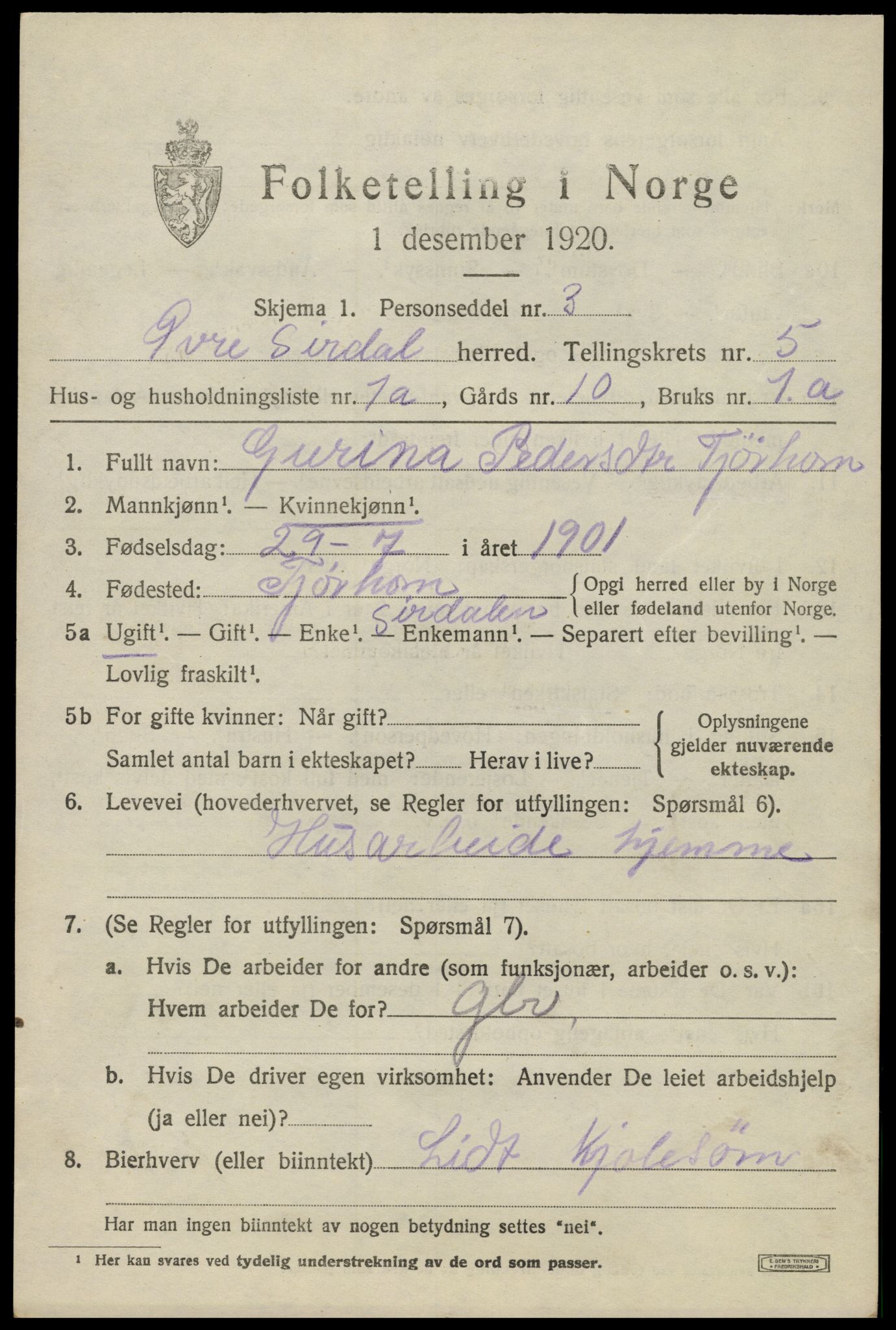 SAK, 1920 census for Øvre Sirdal, 1920, p. 899