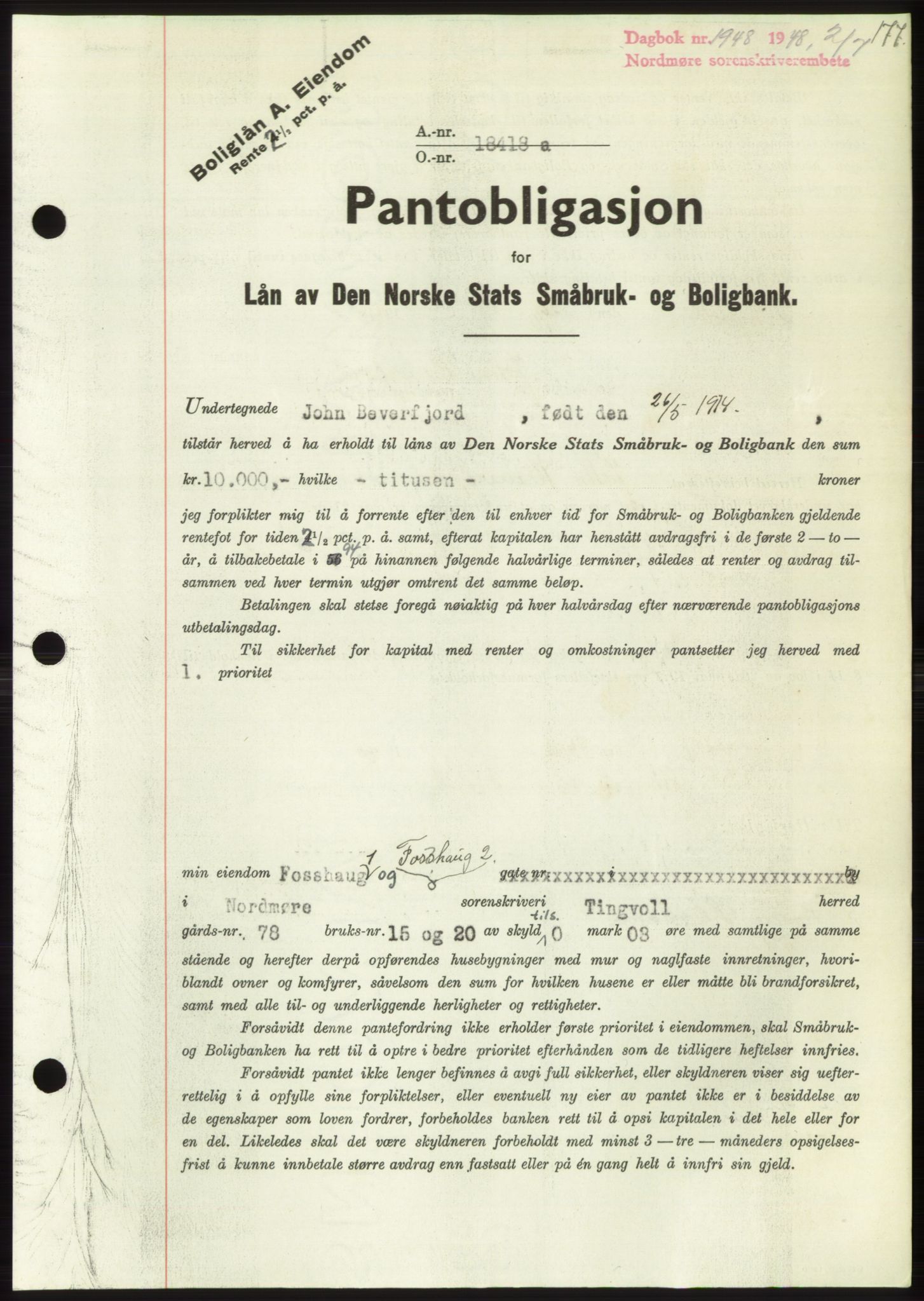 Nordmøre sorenskriveri, AV/SAT-A-4132/1/2/2Ca: Mortgage book no. B99, 1948-1948, Diary no: : 1948/1948