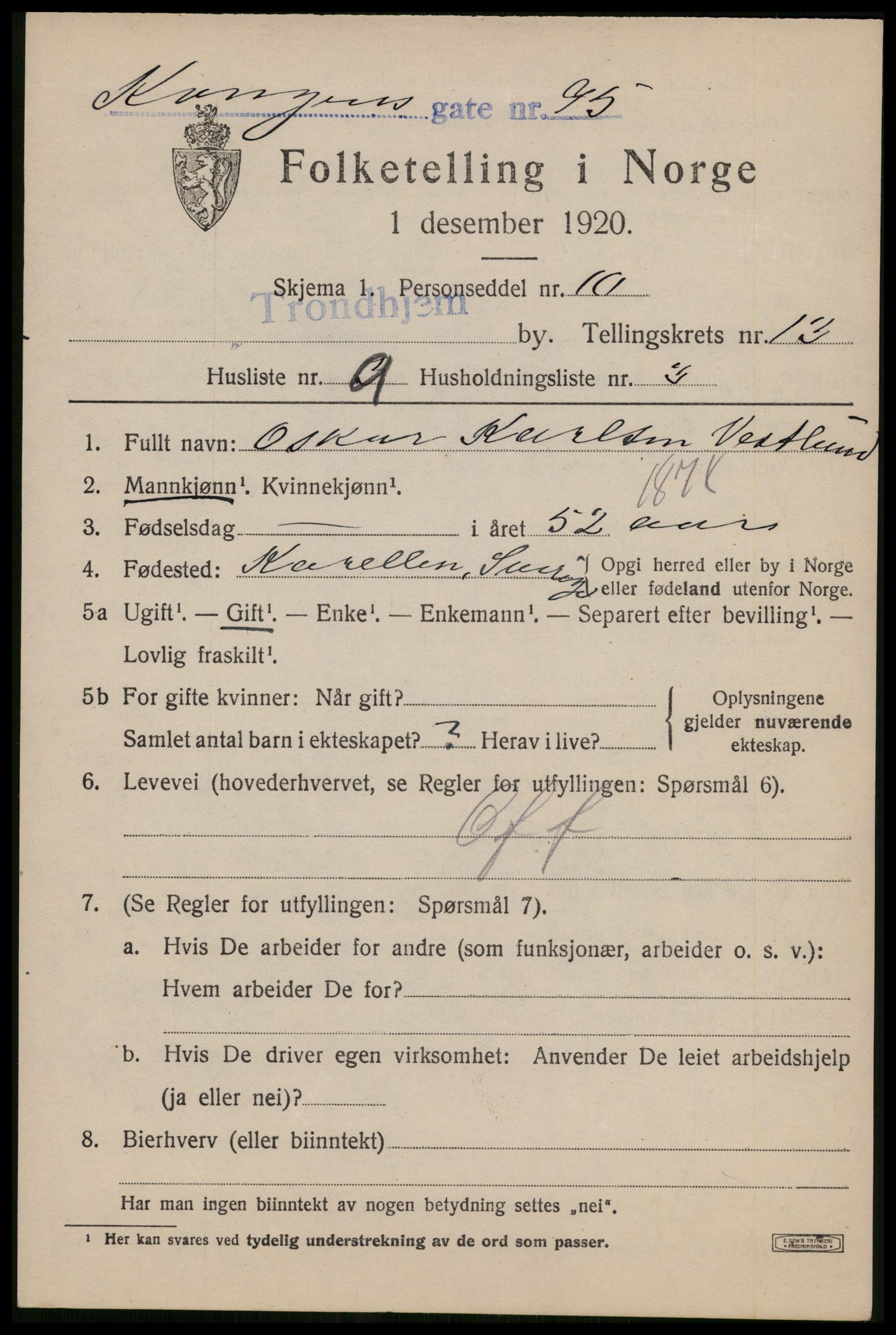 SAT, 1920 census for Trondheim, 1920, p. 50122