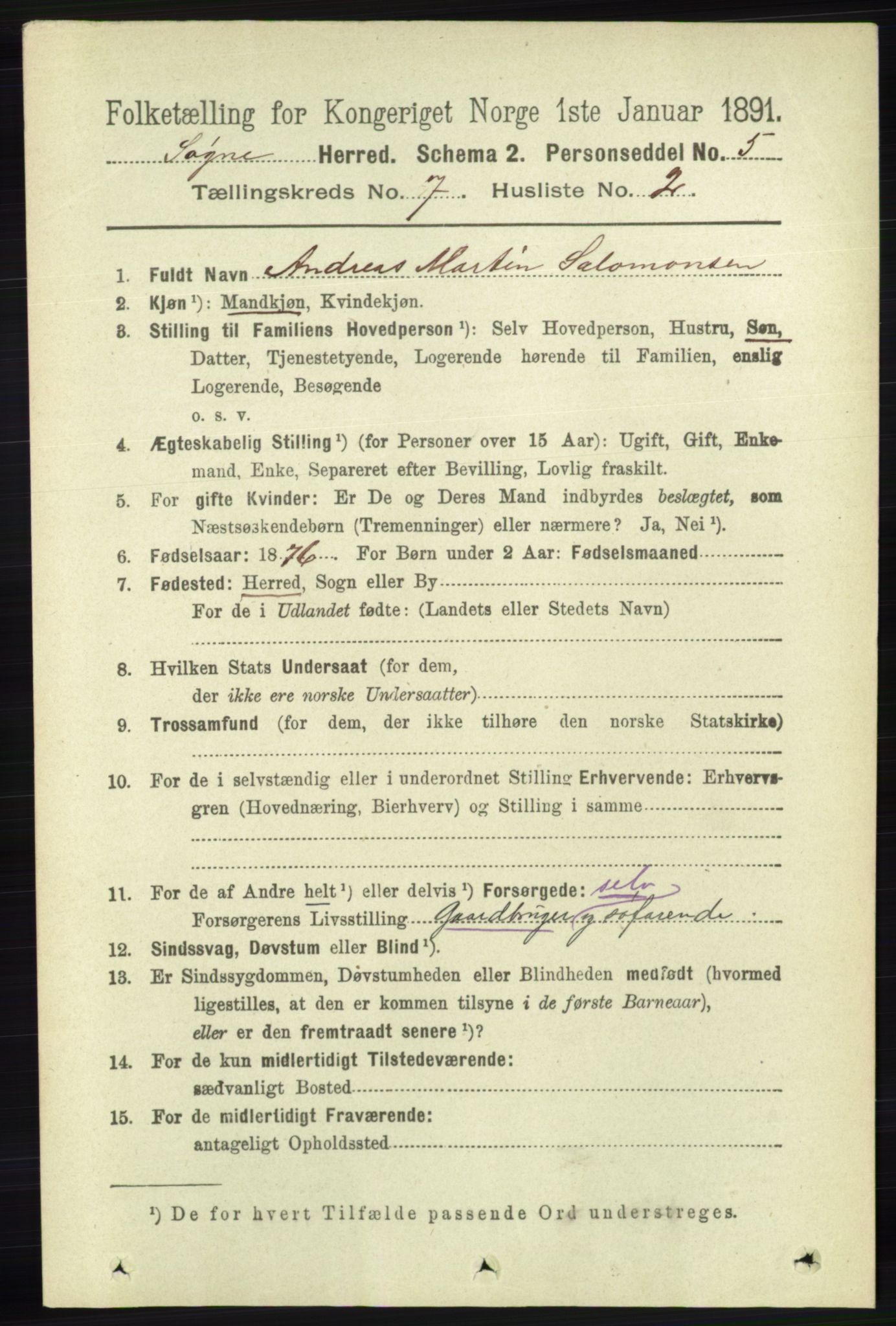 RA, 1891 census for 1018 Søgne, 1891, p. 1548