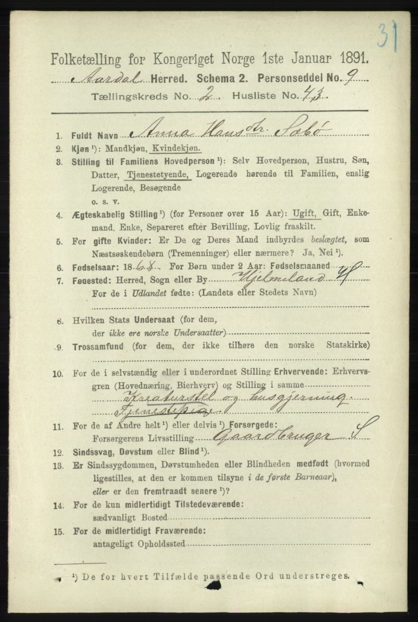 RA, 1891 census for 1131 Årdal, 1891, p. 779