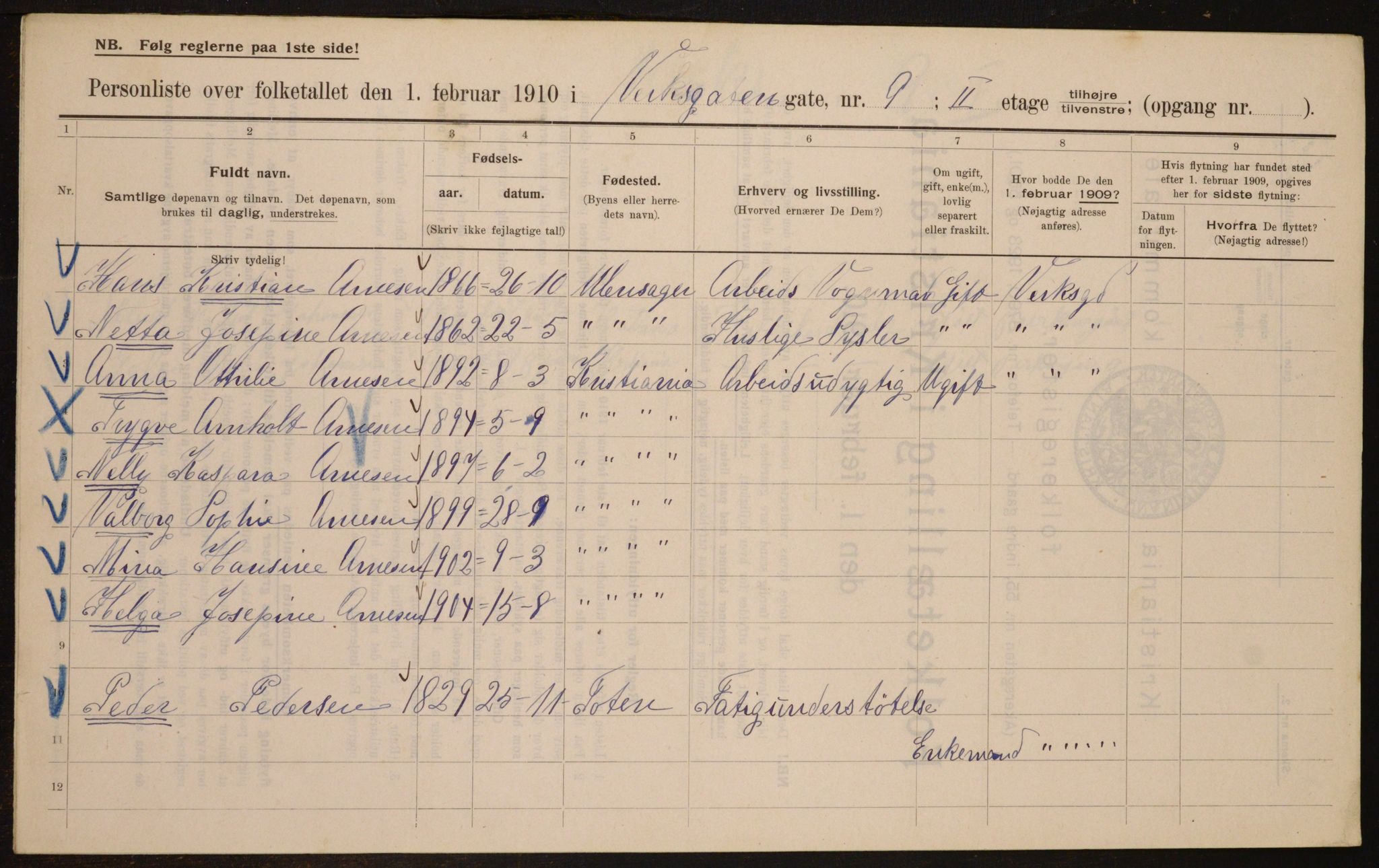 OBA, Municipal Census 1910 for Kristiania, 1910, p. 115579