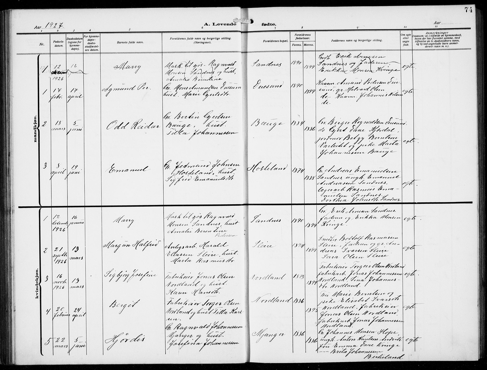 Masfjorden sokneprestembete, AV/SAB-A-77001: Parish register (copy) no. B  2, 1912-1939, p. 74