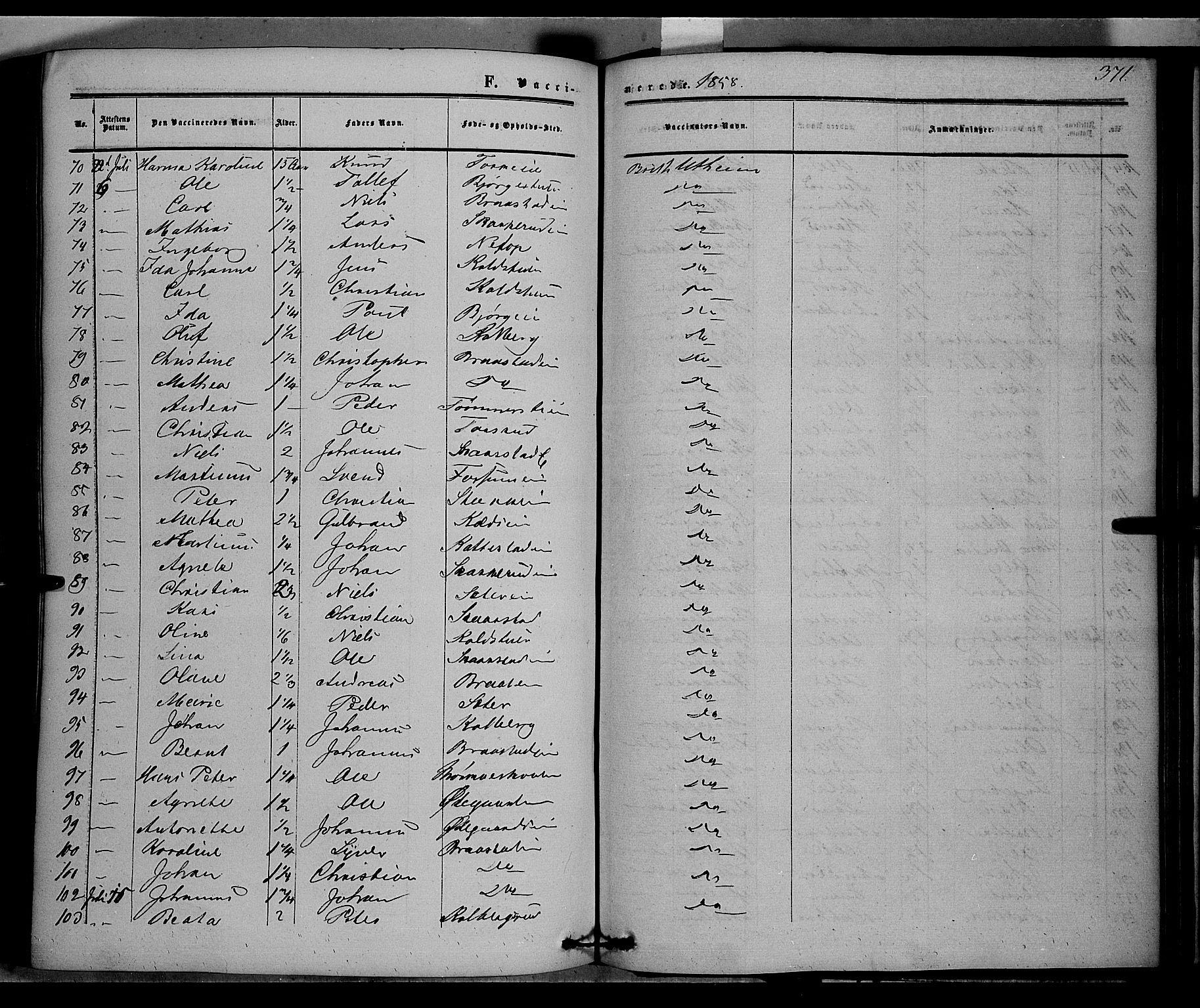 Vardal prestekontor, AV/SAH-PREST-100/H/Ha/Haa/L0006: Parish register (official) no. 6, 1854-1866, p. 371