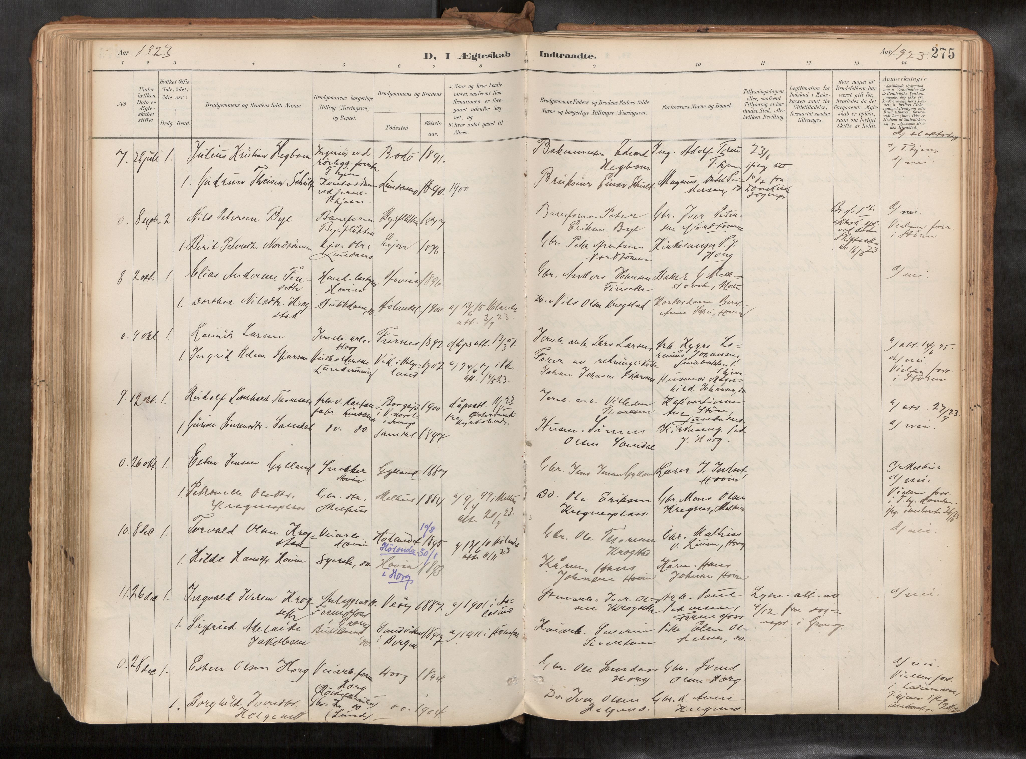 Ministerialprotokoller, klokkerbøker og fødselsregistre - Sør-Trøndelag, SAT/A-1456/692/L1105b: Parish register (official) no. 692A06, 1891-1934, p. 275