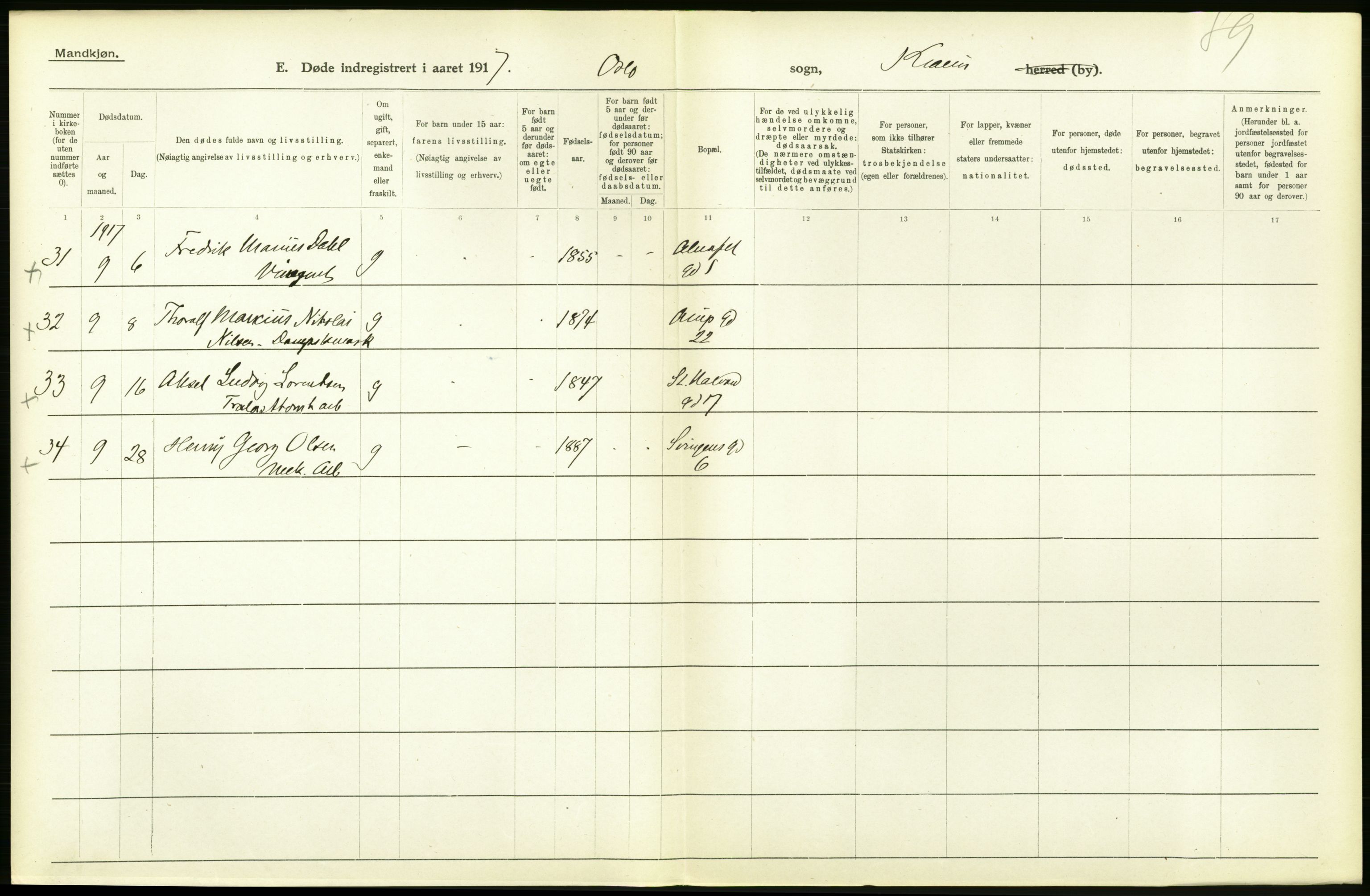 Statistisk sentralbyrå, Sosiodemografiske emner, Befolkning, AV/RA-S-2228/D/Df/Dfb/Dfbg/L0011: Kristiania: Døde, dødfødte., 1917, p. 144