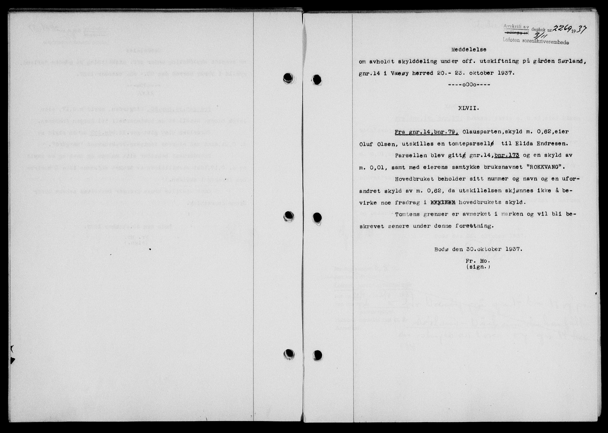 Lofoten sorenskriveri, SAT/A-0017/1/2/2C/L0003a: Mortgage book no. 3a, 1937-1938, Diary no: : 2269/1937
