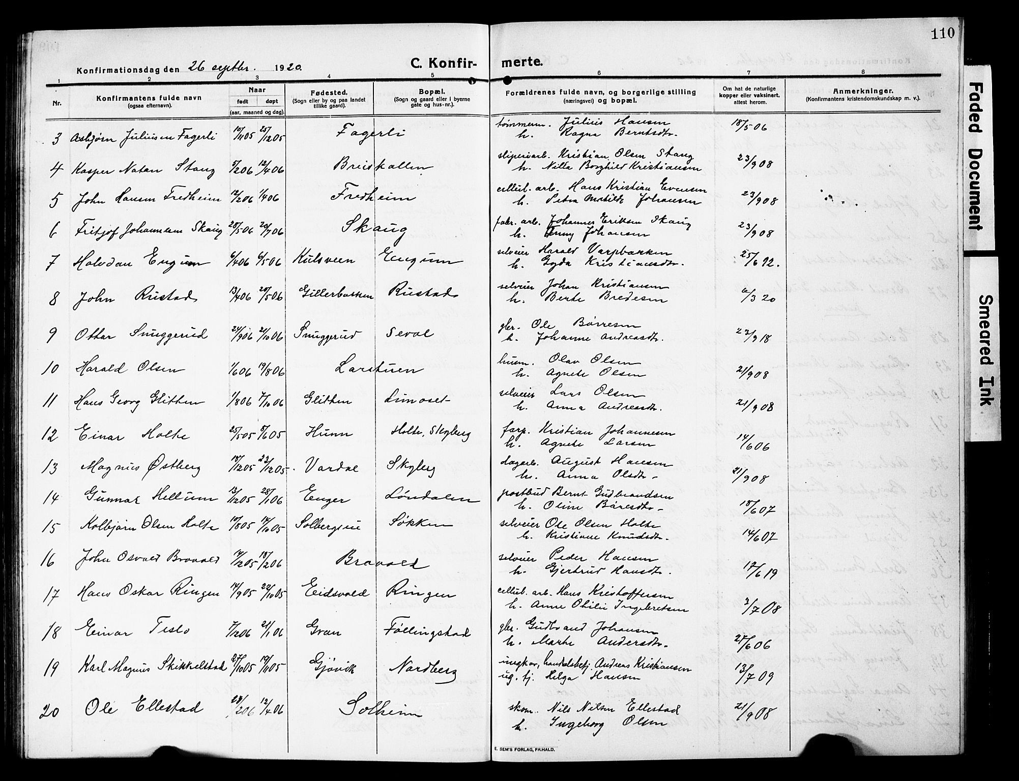Vardal prestekontor, AV/SAH-PREST-100/H/Ha/Hab/L0015: Parish register (copy) no. 15, 1914-1931, p. 110