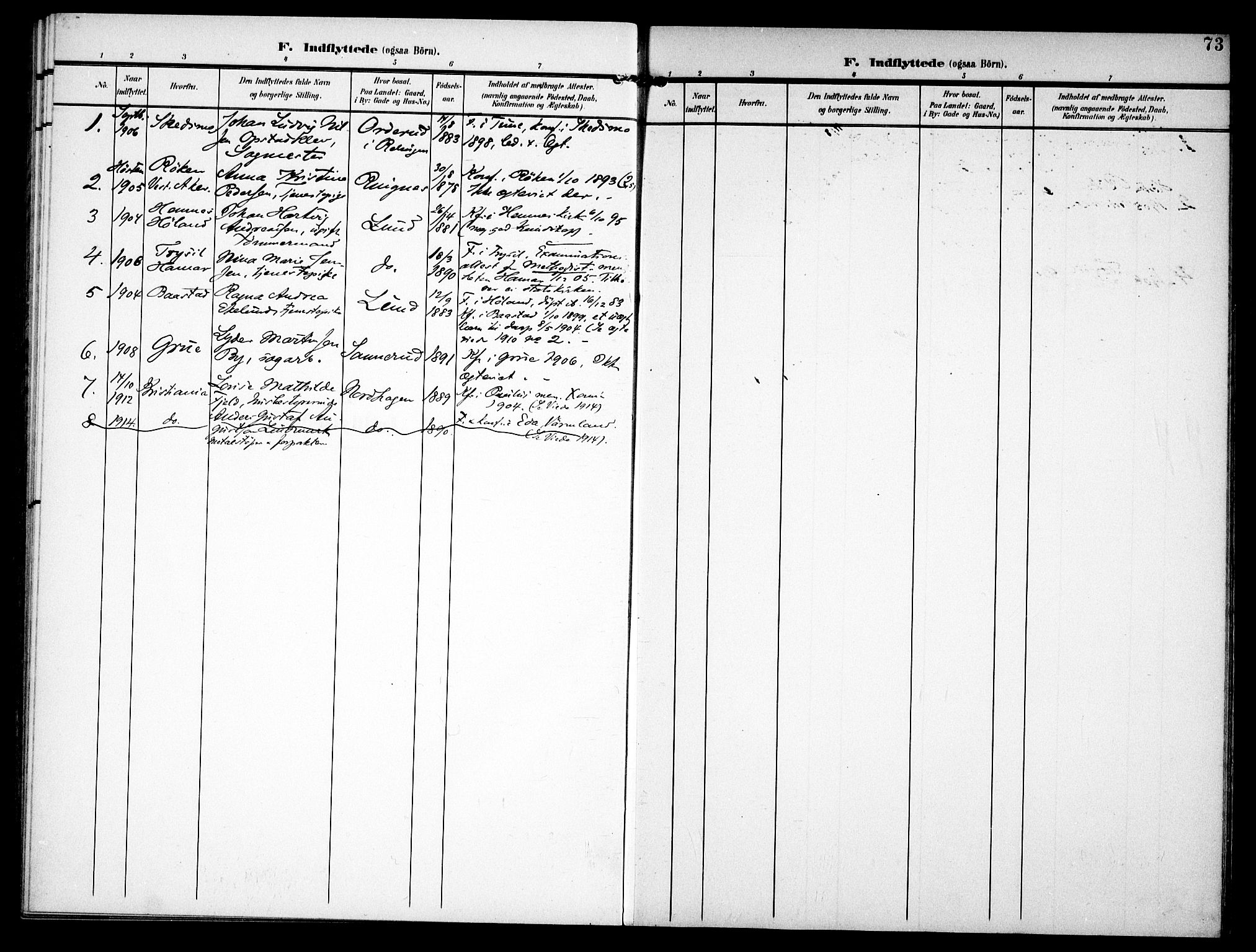 Fet prestekontor Kirkebøker, AV/SAO-A-10370a/F/Fb/L0003: Parish register (official) no. II 3, 1905-1914, p. 73