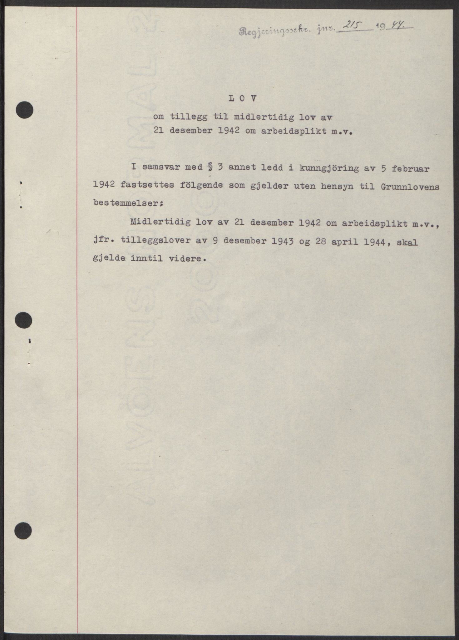 NS-administrasjonen 1940-1945 (Statsrådsekretariatet, de kommisariske statsråder mm), AV/RA-S-4279/D/Db/L0100: Lover, 1944, p. 382