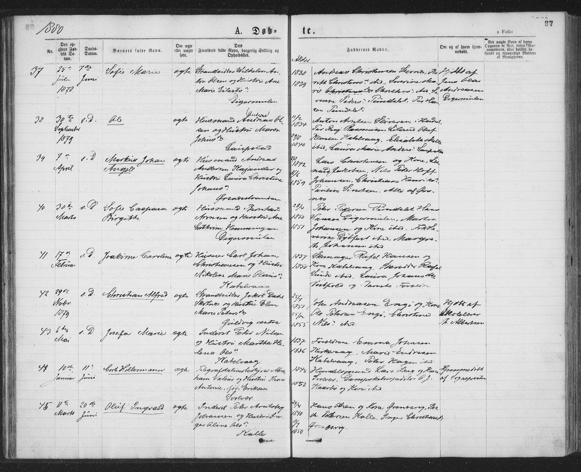 Ministerialprotokoller, klokkerbøker og fødselsregistre - Nordland, AV/SAT-A-1459/874/L1058: Parish register (official) no. 874A02, 1878-1883, p. 37