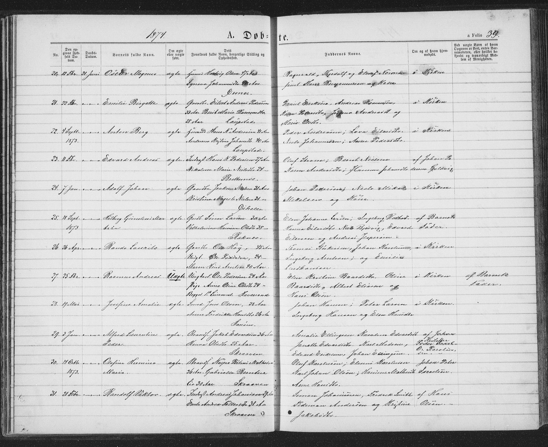 Ministerialprotokoller, klokkerbøker og fødselsregistre - Nordland, AV/SAT-A-1459/874/L1074: Parish register (copy) no. 874C03, 1870-1876, p. 39