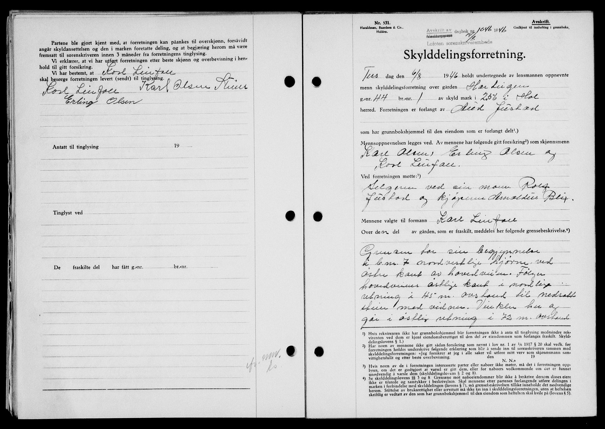 Lofoten sorenskriveri, SAT/A-0017/1/2/2C/L0014a: Mortgage book no. 14a, 1946-1946, Diary no: : 1046/1946