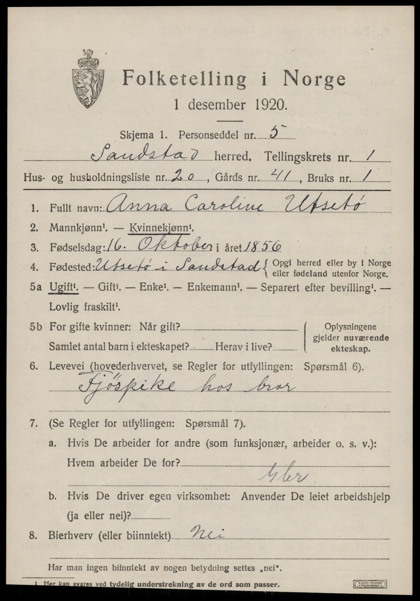 SAT, 1920 census for Sandstad, 1920, p. 639